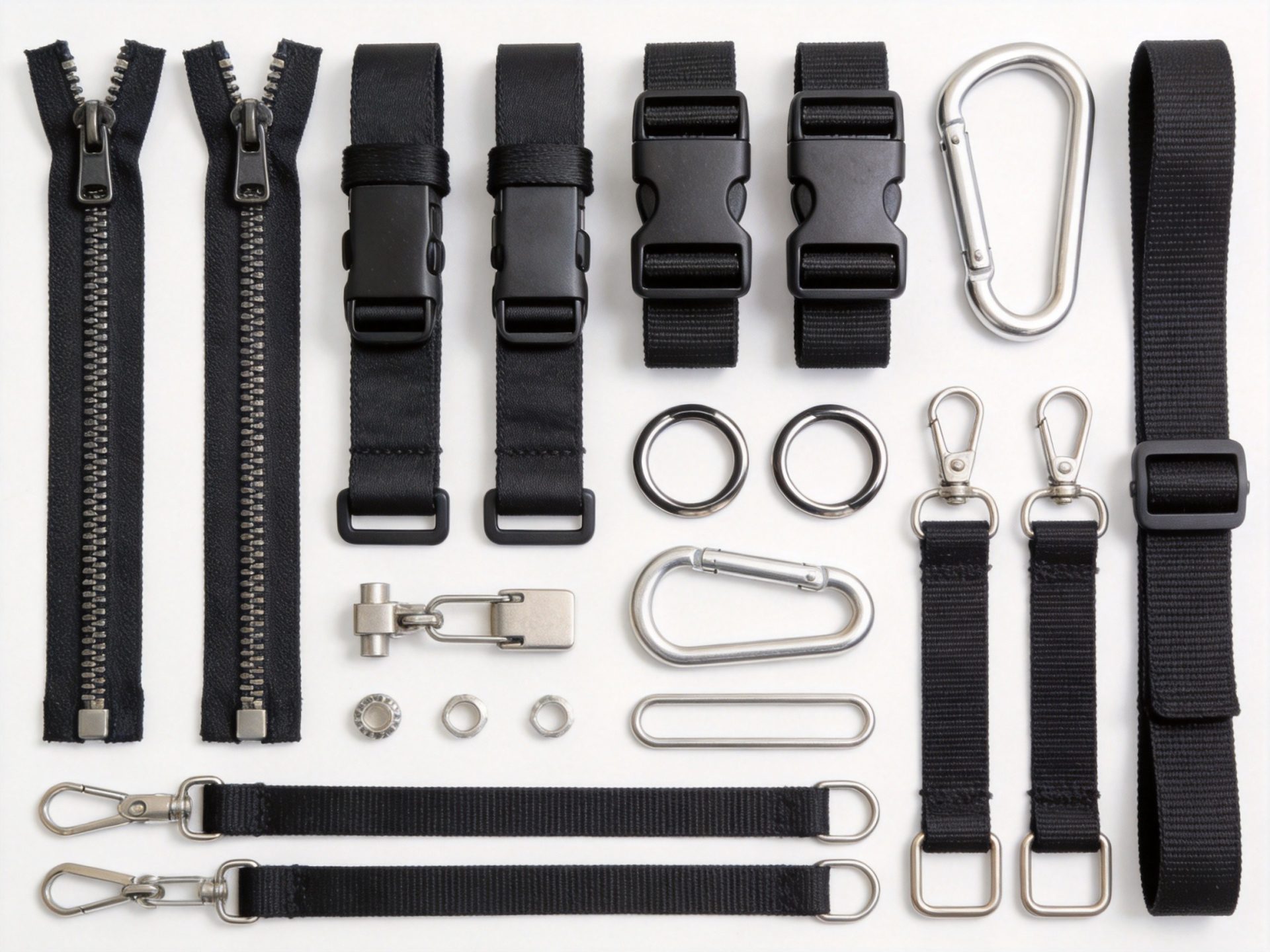 Custom backpack hardware components including zippers buckles and D-rings