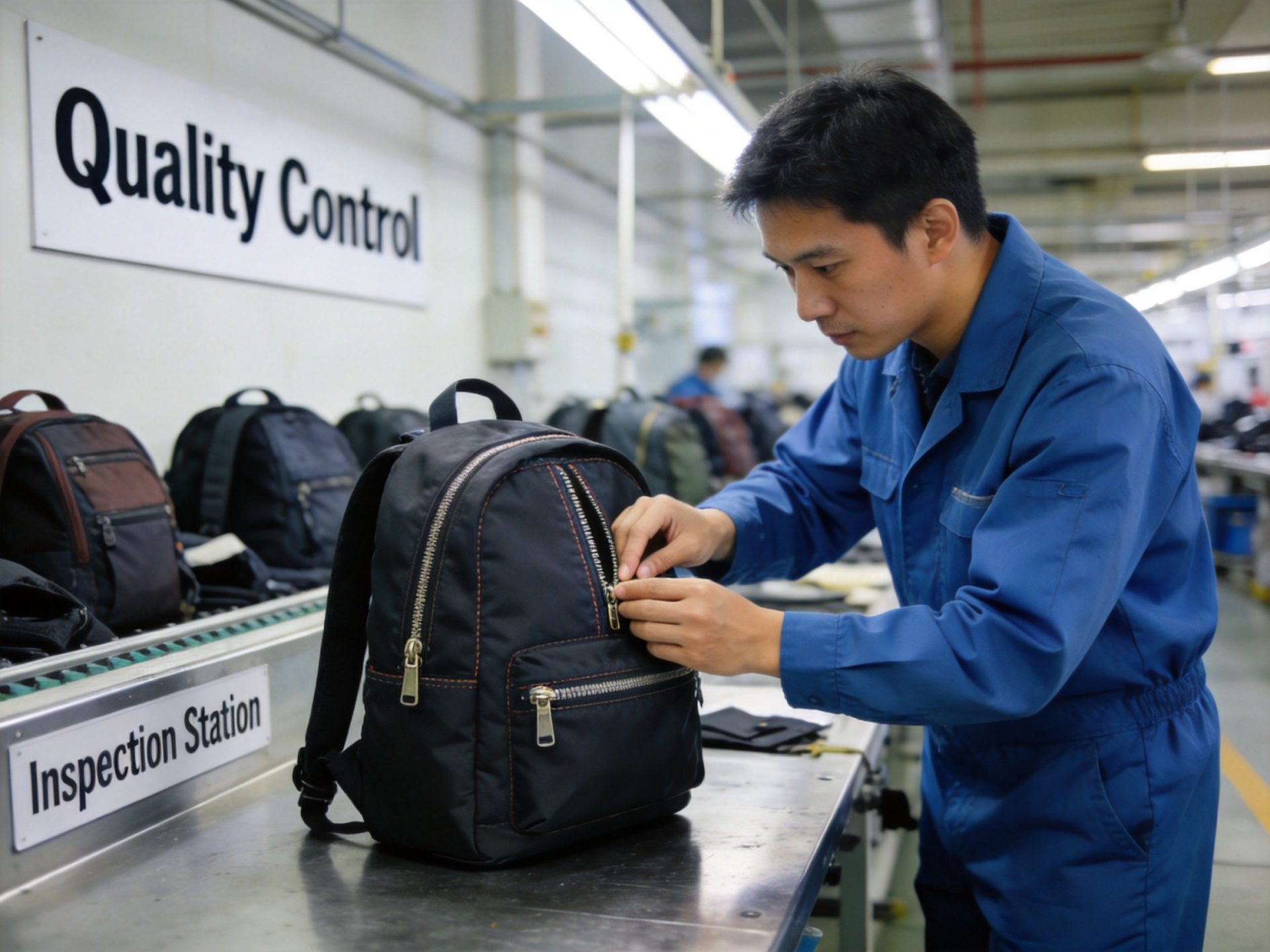 Backpack quality control inspection on production line
