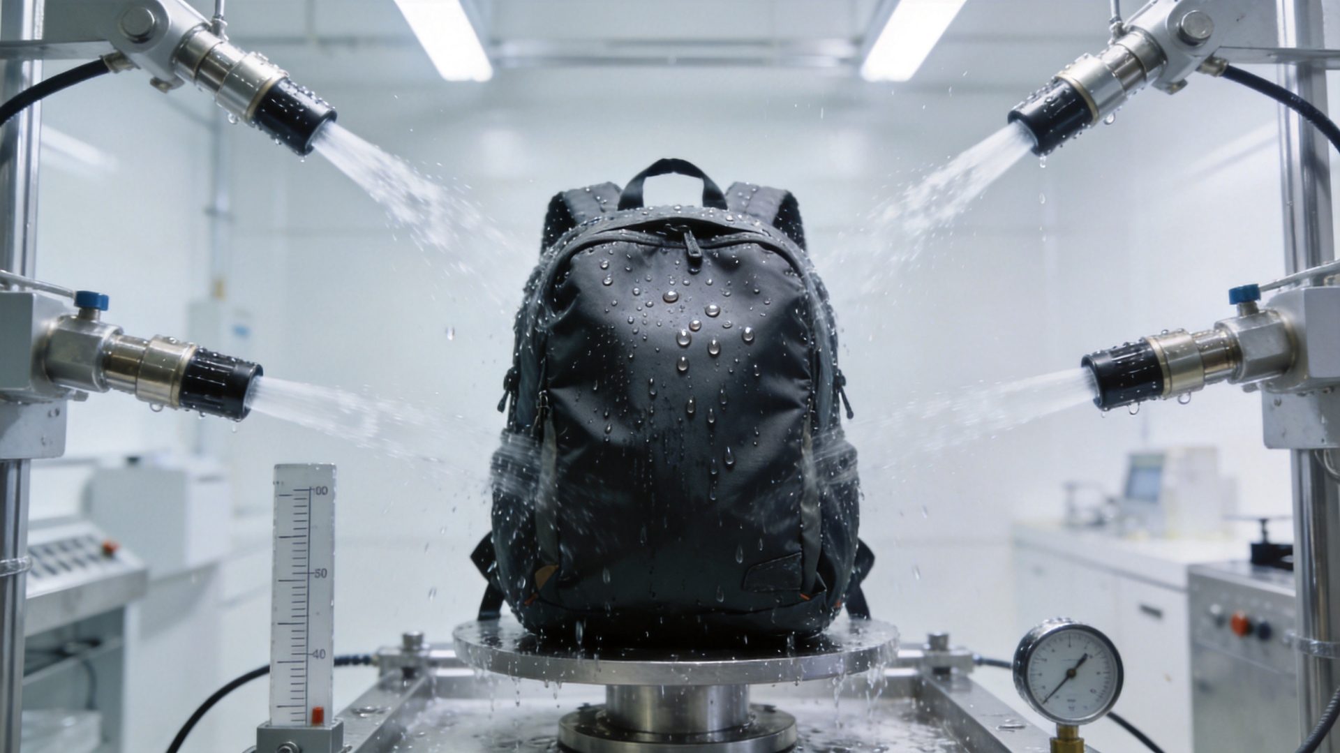 Waterproof backpack undergoing water resistance testing in laboratory