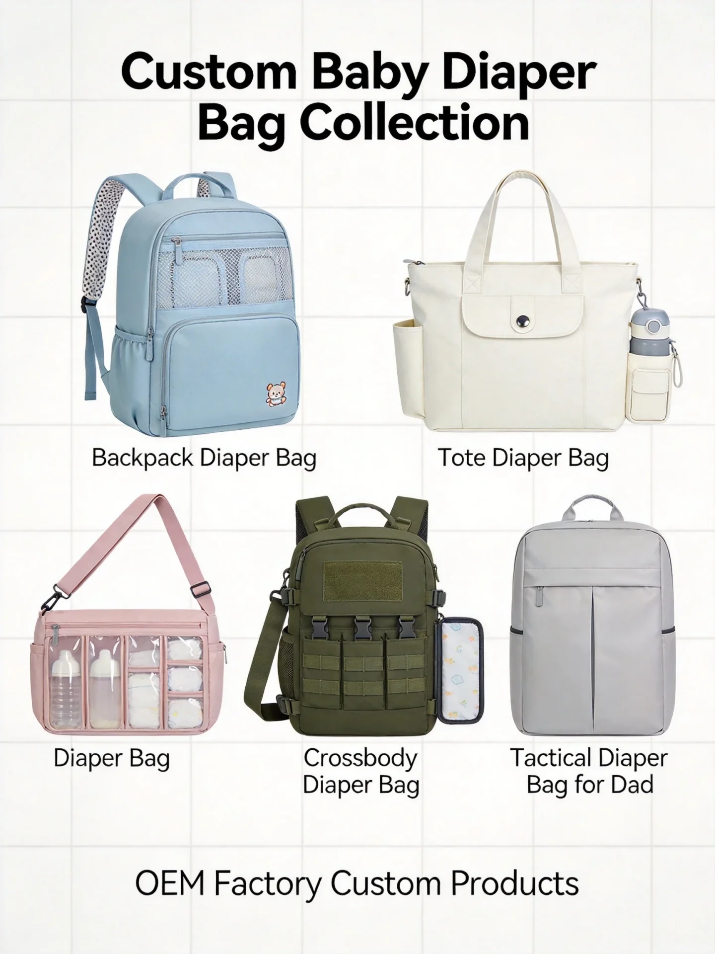 Custom baby diaper bag product styles including backpack tote crossbody and tactical designs