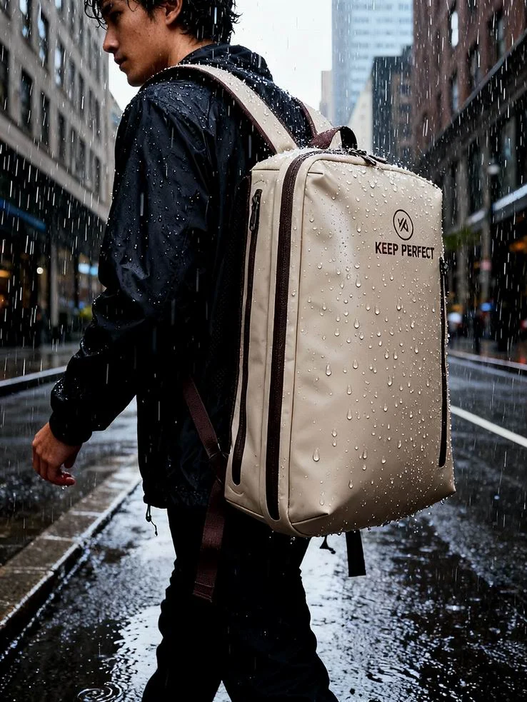Travel backpack carried by a commuter in a rainy city, showing weather-resistant protection and clean silhouette