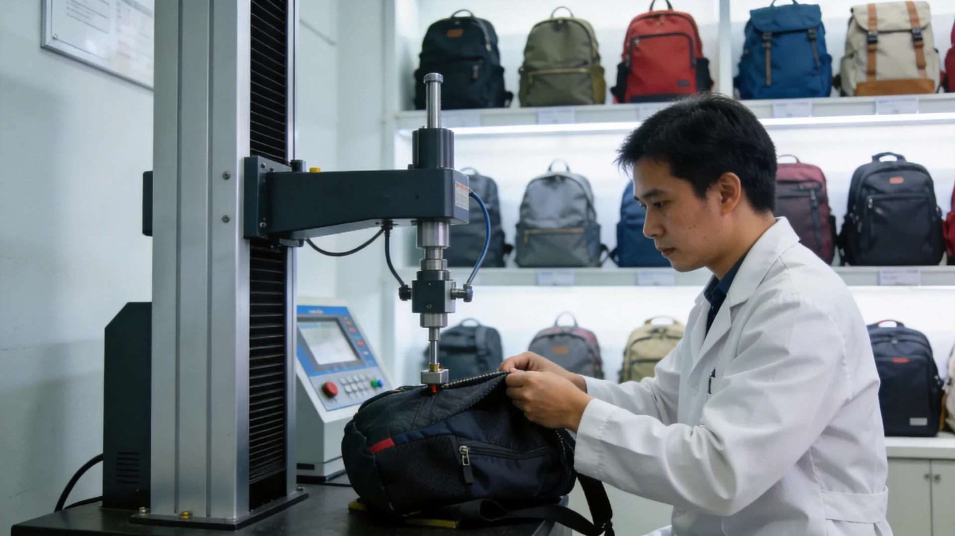 Quality control inspection during OEM and ODM sports bag production at JUNYUAN