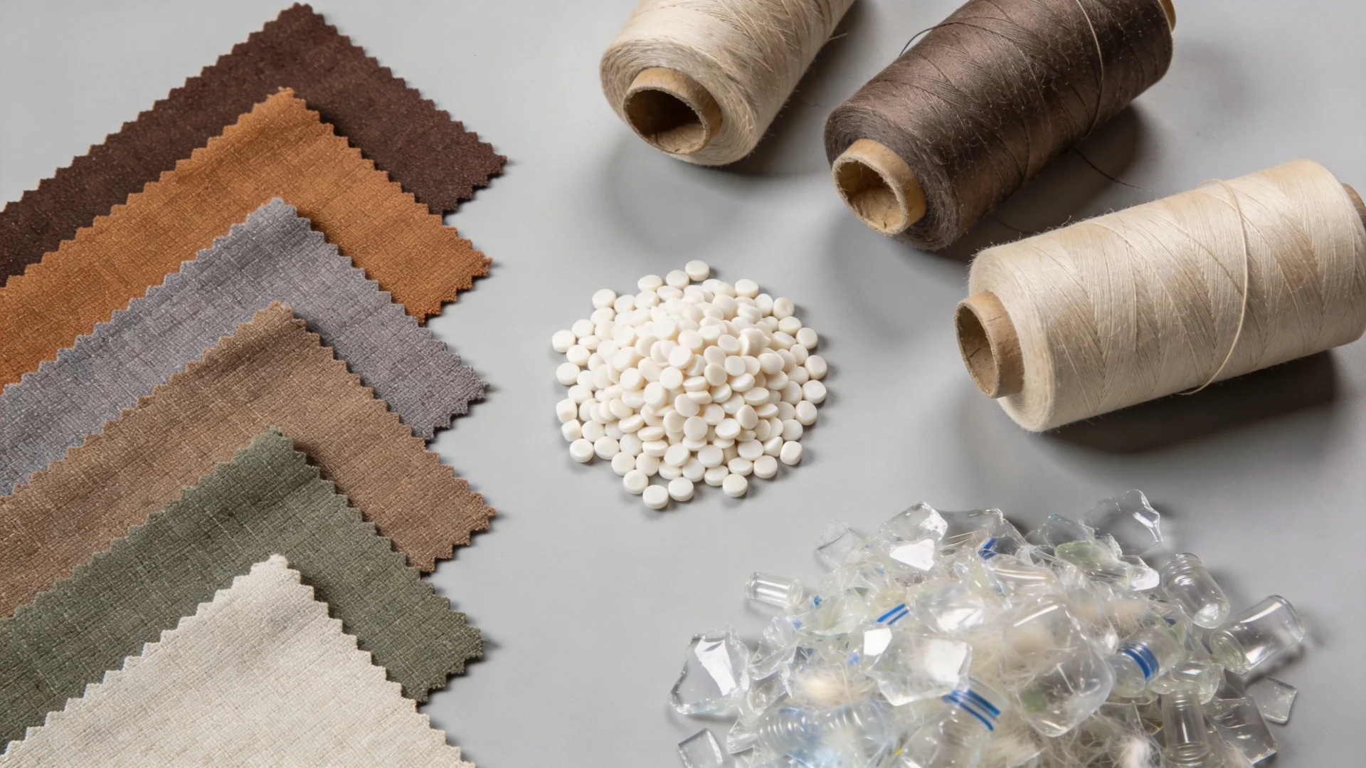 Sustainable golf bag materials overview showing recycled polyester, organic cotton, and hemp blends arranged on a workbench