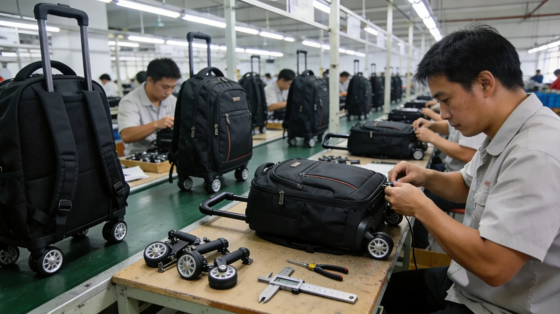 Rolling backpack manufacturing factory floor showing wheel assembly production line and quality inspection - OEM production guide
