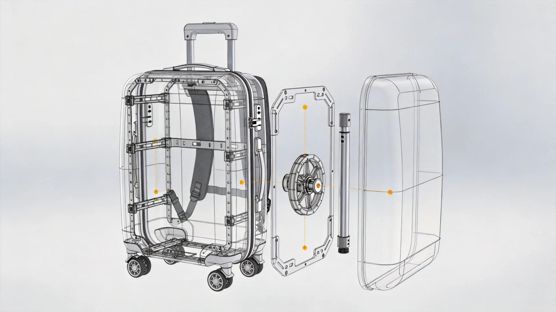 Exploded view technical diagram of rolling backpack frame structure showing polycarbonate shell and ABS reinforcement - manufacturing engineering guide