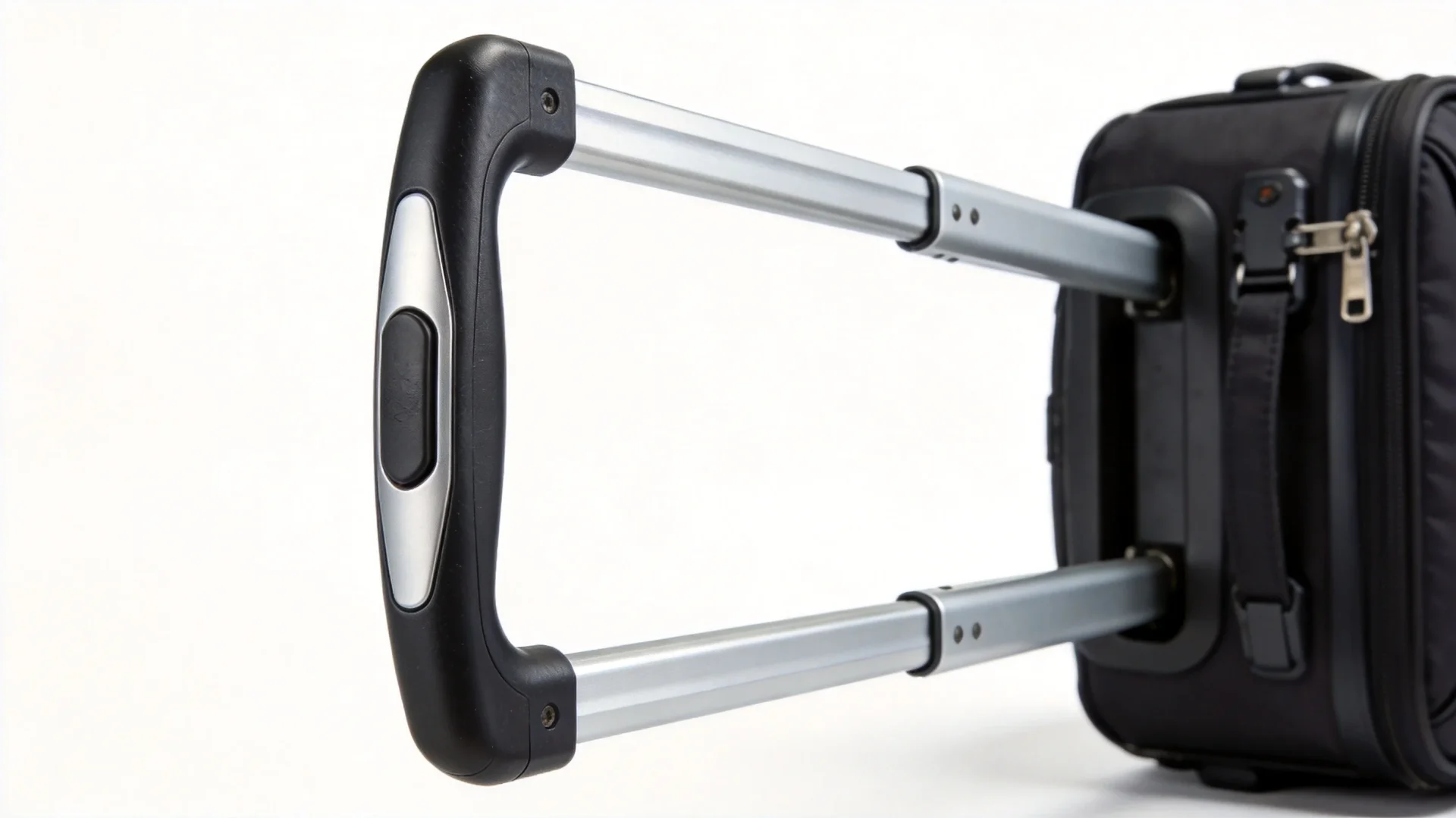 Telescoping handle mechanism on rolling backpack showing aluminum alloy tube sections and ergonomic grip - OEM manufacturing detail