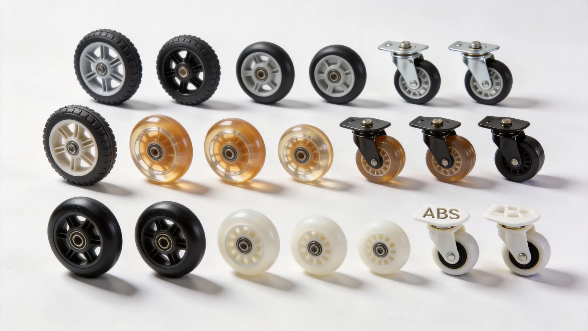 Different wheel types for rolling backpacks including rubber inline skate wheels, PU spinner wheels, and ABS casters - OEM manufacturing comparison