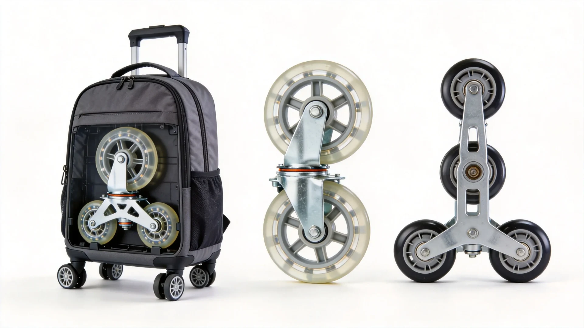 Rolling backpack wheel system comparison - inline skate wheels vs spinner wheels for travel luggage manufacturing