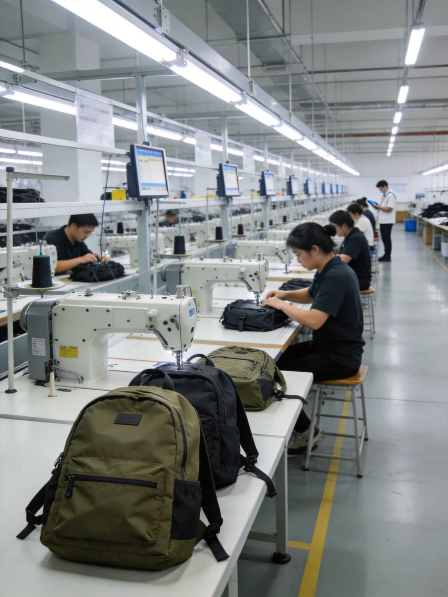 RPET backpack production line at Junyuan Bags factory showing cutting, sewing, and quality control processes