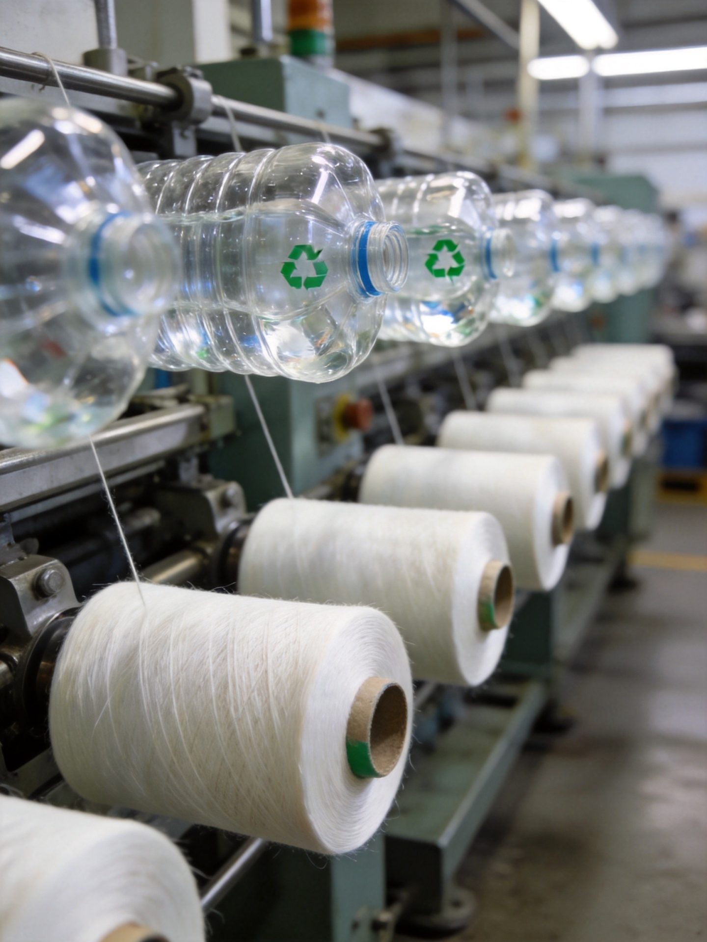 RPET recycled process showing plastic bottles being converted into recycled polyester fiber for bag manufacturing