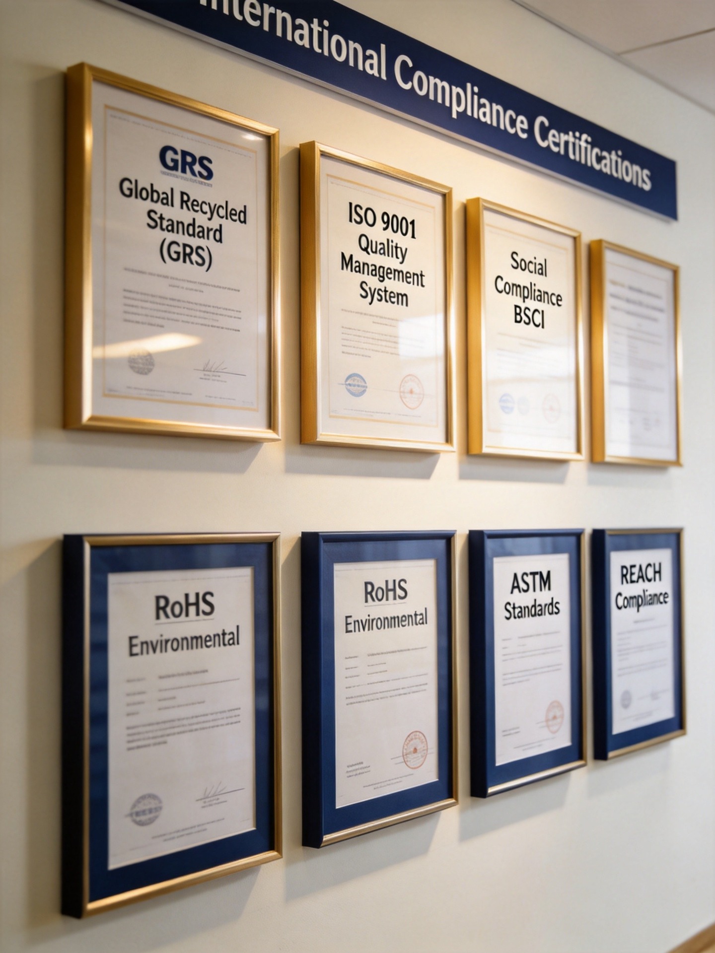 Junyuan Bags certifications display showing GRS, ISO 9001, BSCI, OEKO-TEX, RoHS and ASTM certificates