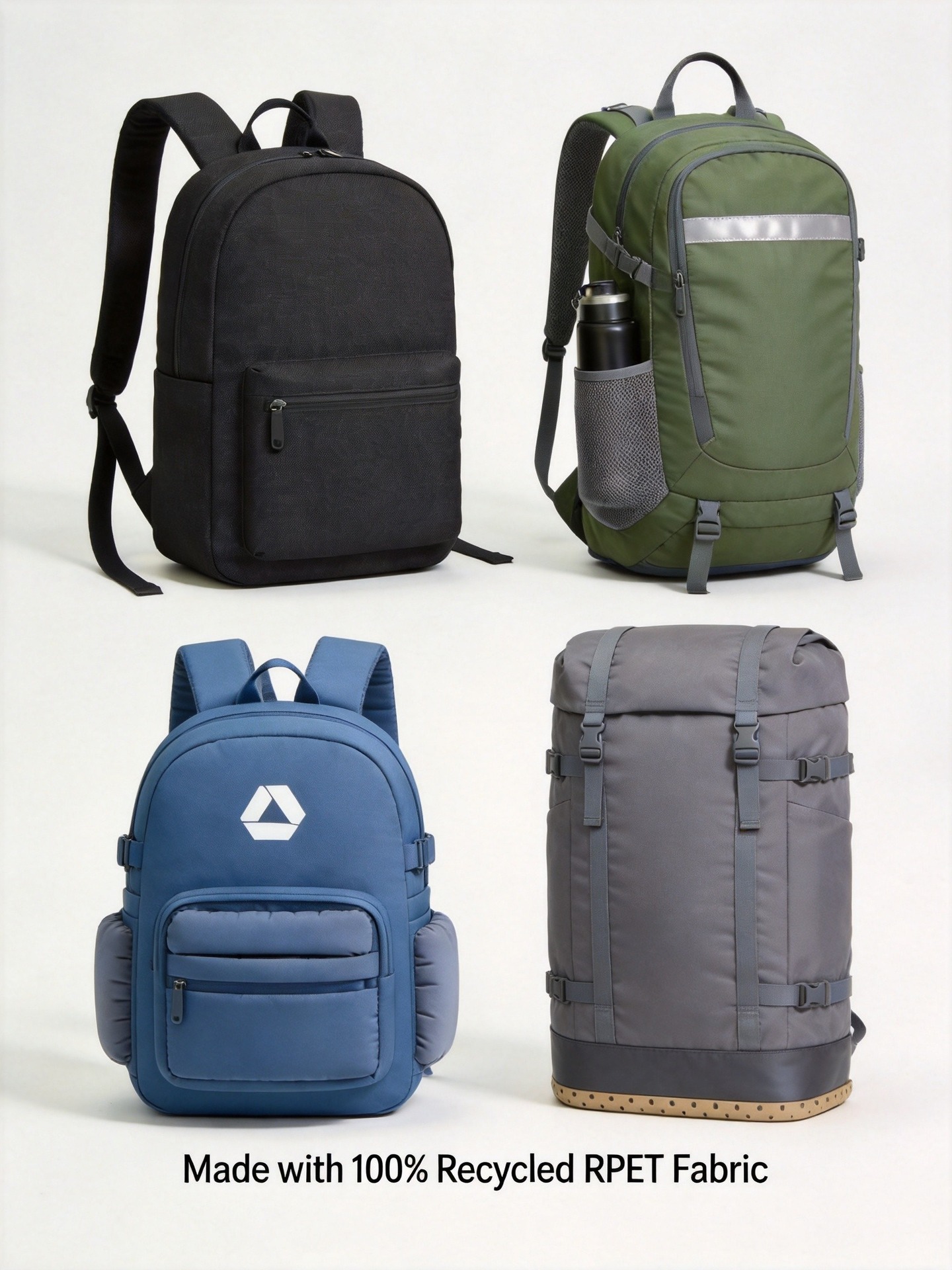 Collection of finished RPET recycled backpacks in various styles manufactured by Junyuan Bags
