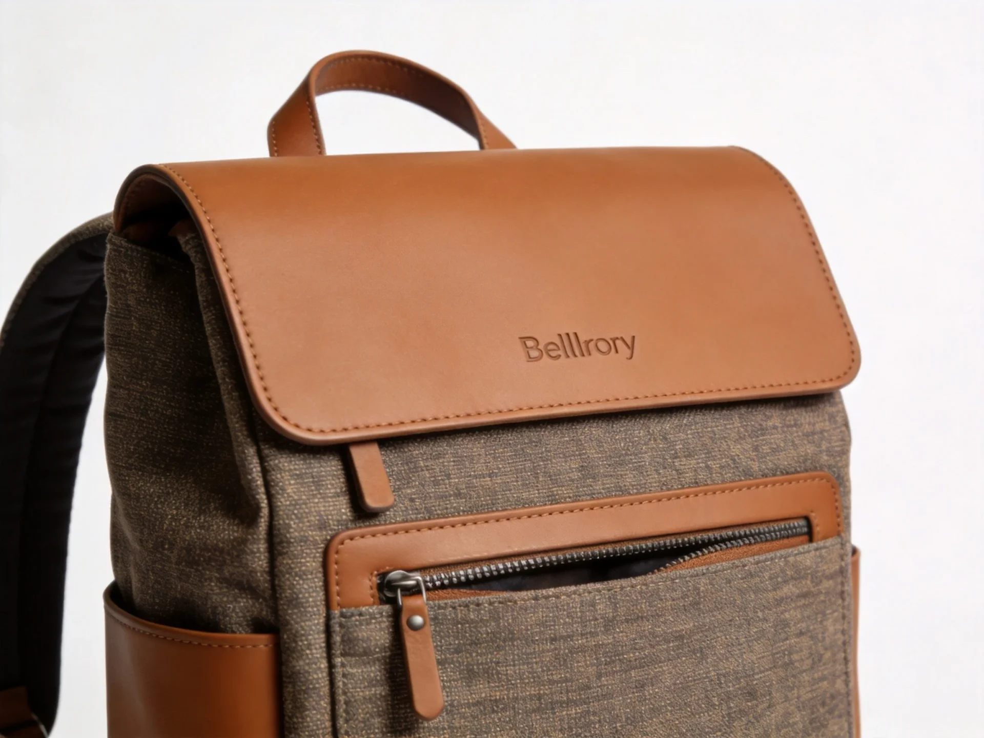Bellroy style modern urban everyday carry backpack in warm tan leather and recycled fabric
