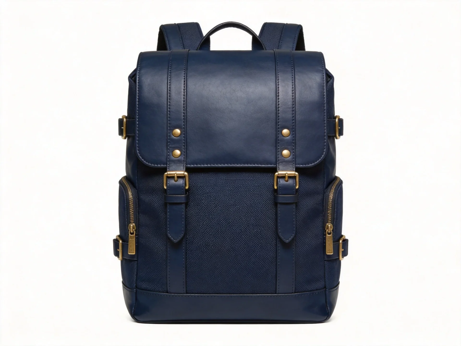 Briggs and Riley style premium executive backpack in dark navy leather and ballistic nylon