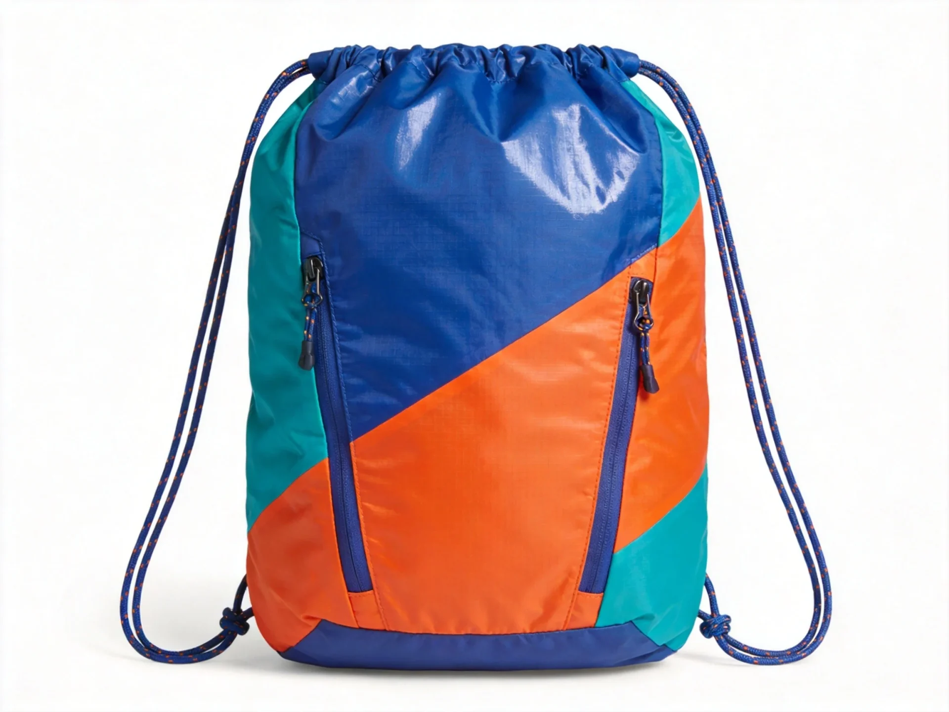 Cotopaxi style colorful adventure backpack with blue orange and teal color-block design