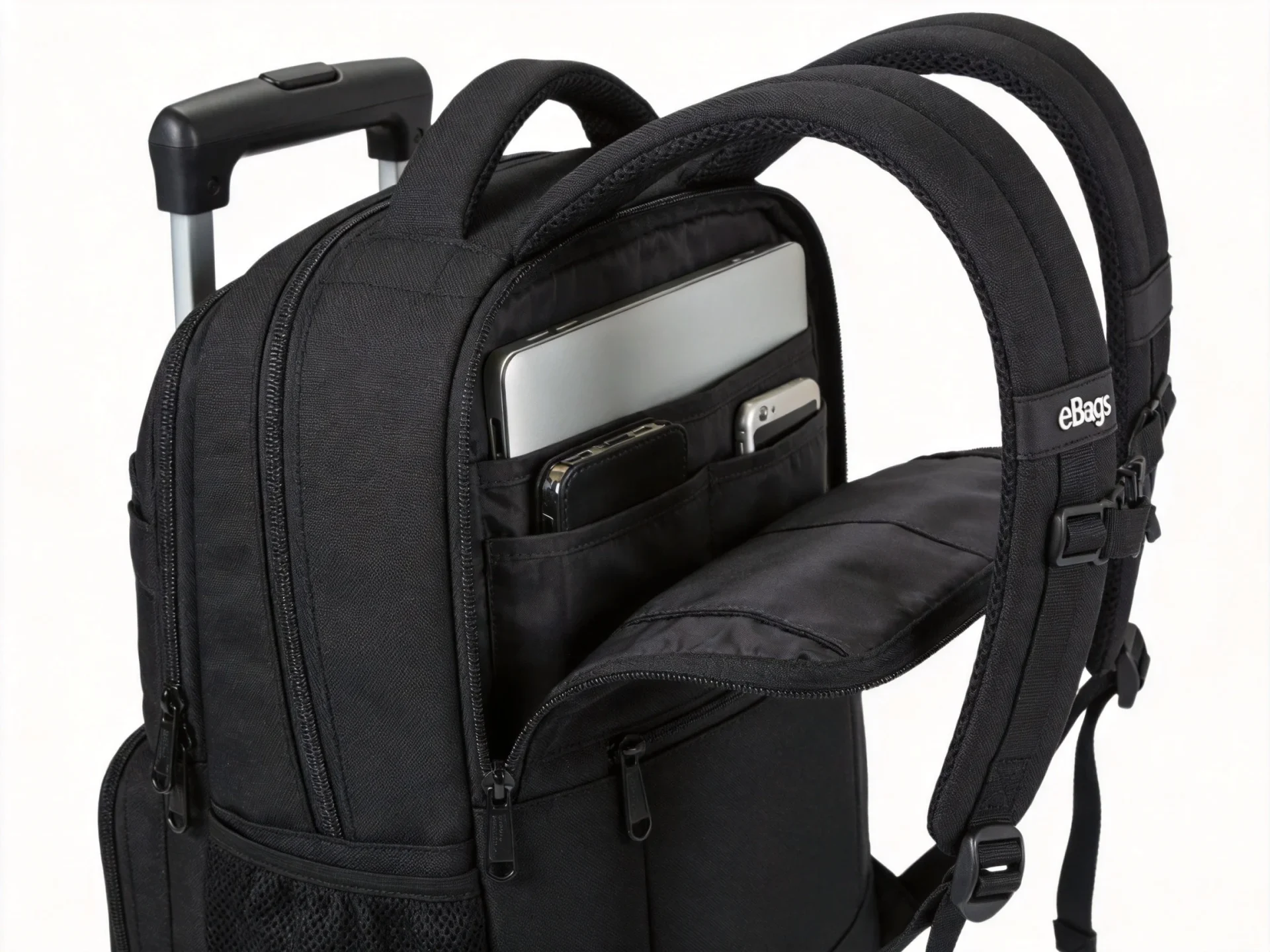 eBags style business travel backpack in black ballistic nylon with trolley sleeve and multiple compartments