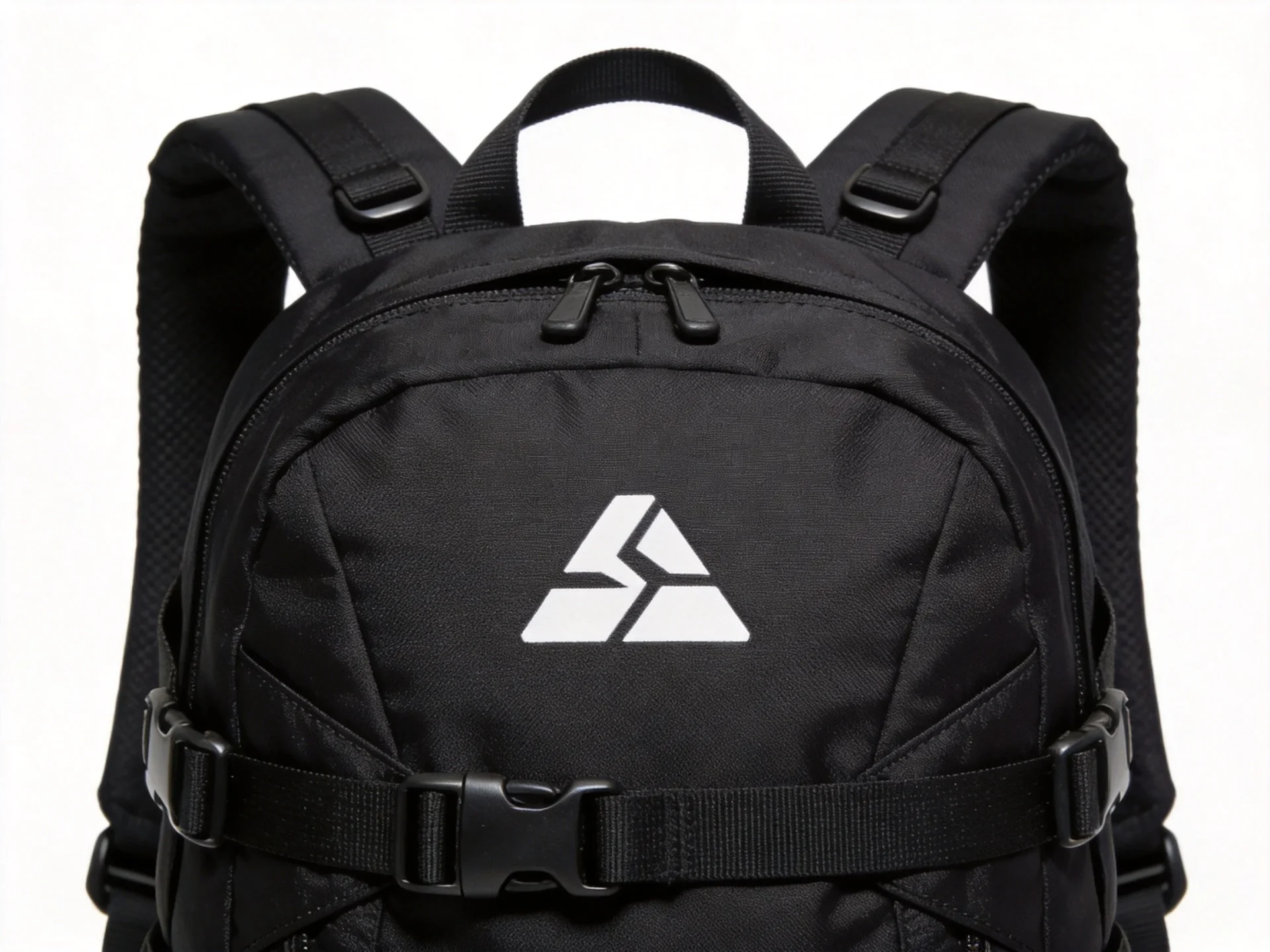 North Face style outdoor daypack in black nylon with adjustable sternum strap