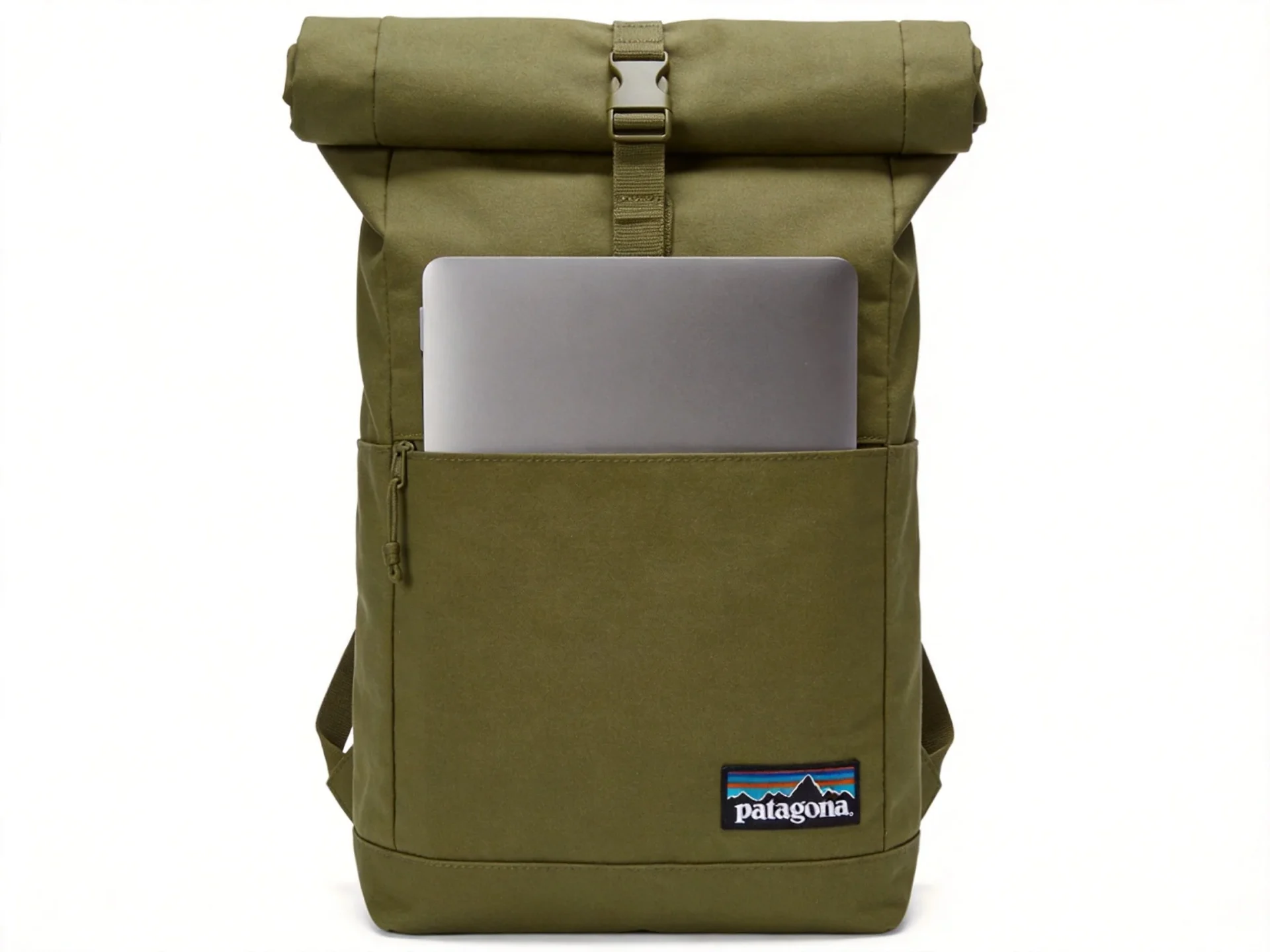Patagonia style eco-friendly roll-top backpack in olive green recycled fabric with laptop sleeve