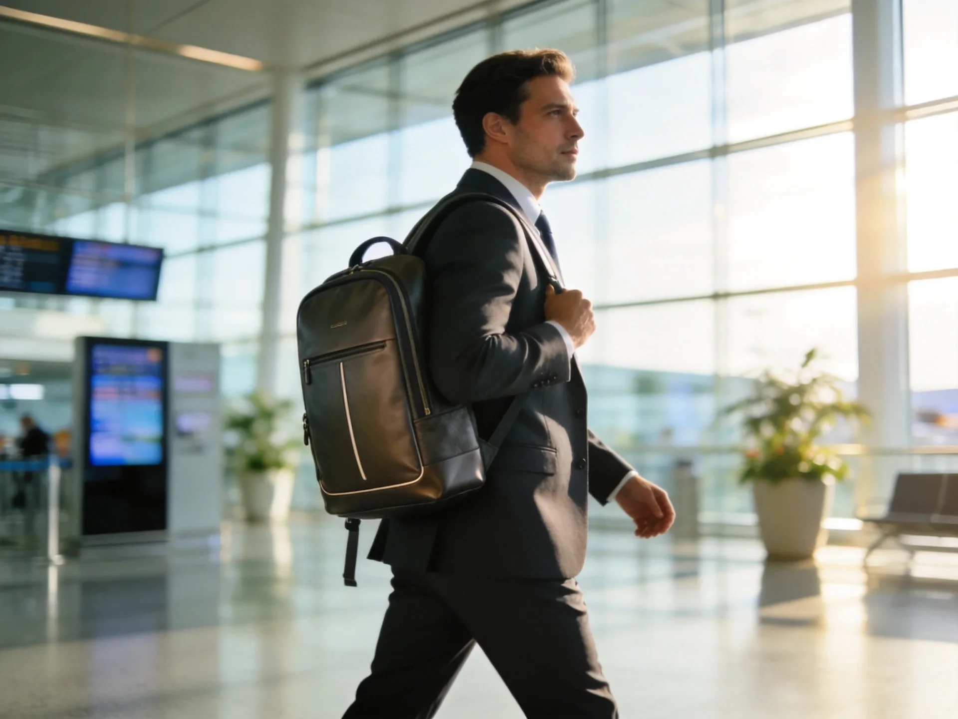Business traveler with premium backpack walking through modern airport terminal
