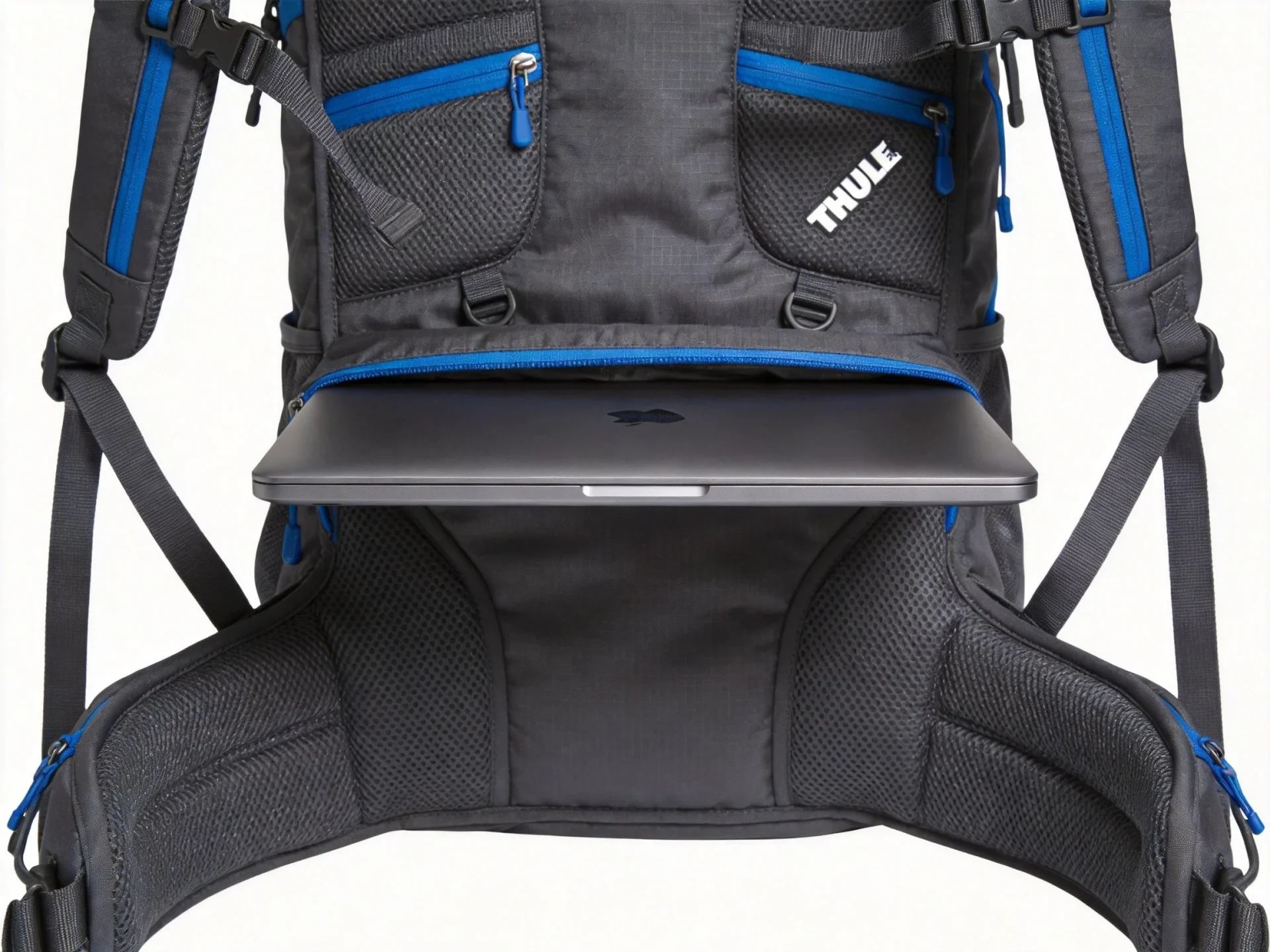Thule style rugged outdoor backpack with blue accent zippers and padded laptop compartment