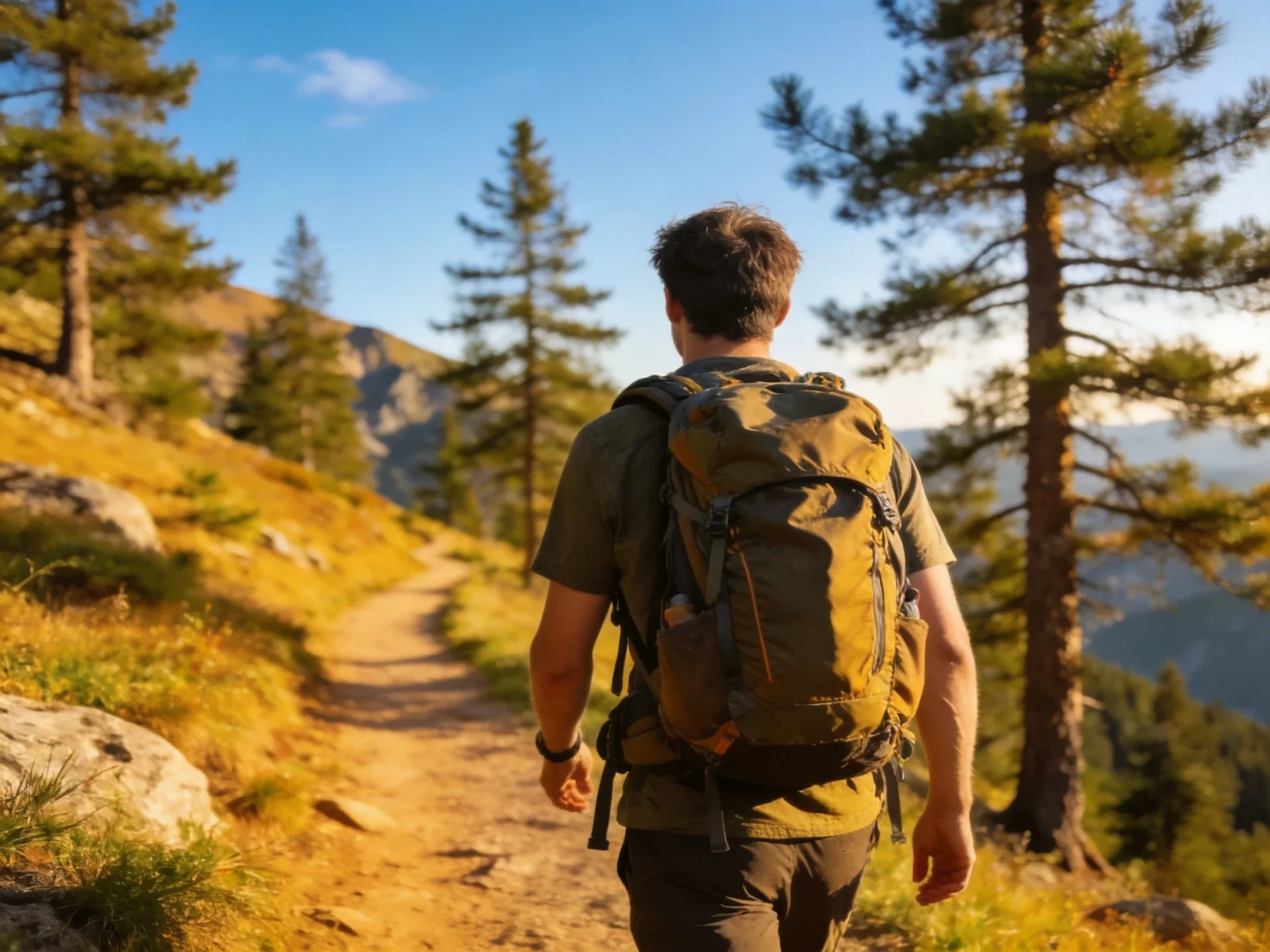 Hiker wearing backpack on scenic mountain trail with pine trees