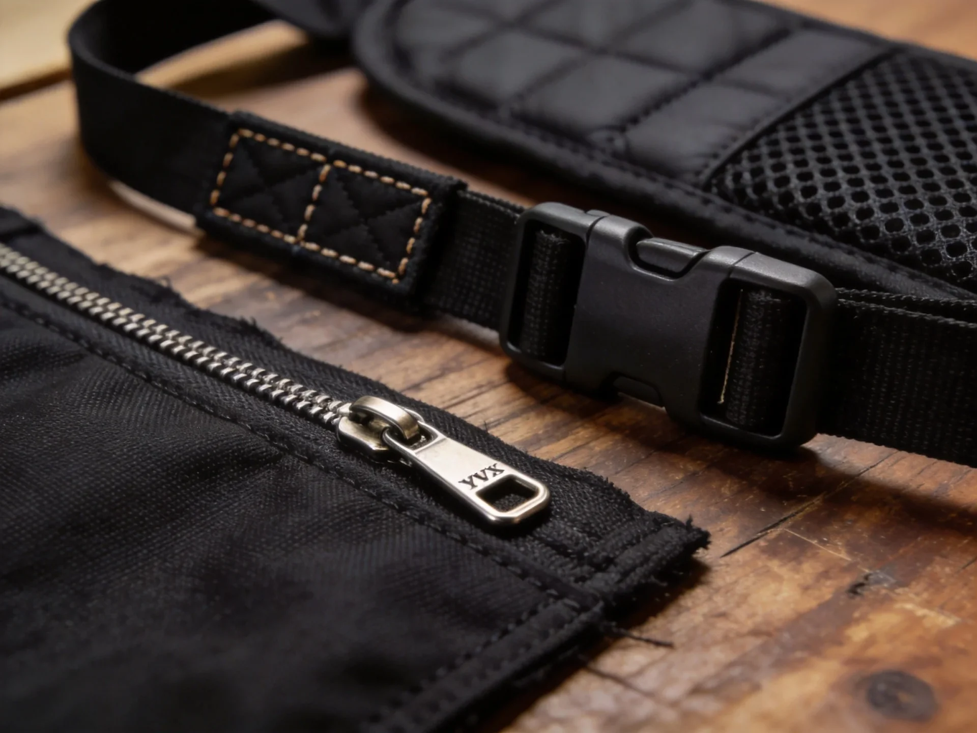 Close-up of sling bag construction materials including Cordura nylon, YKK zipper, reinforced stitching, and padded mesh