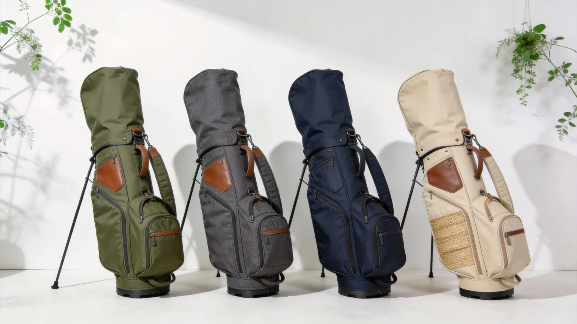 Sustainable golf bag product lineup featuring bags made from recycled materials displayed in a showroom setting