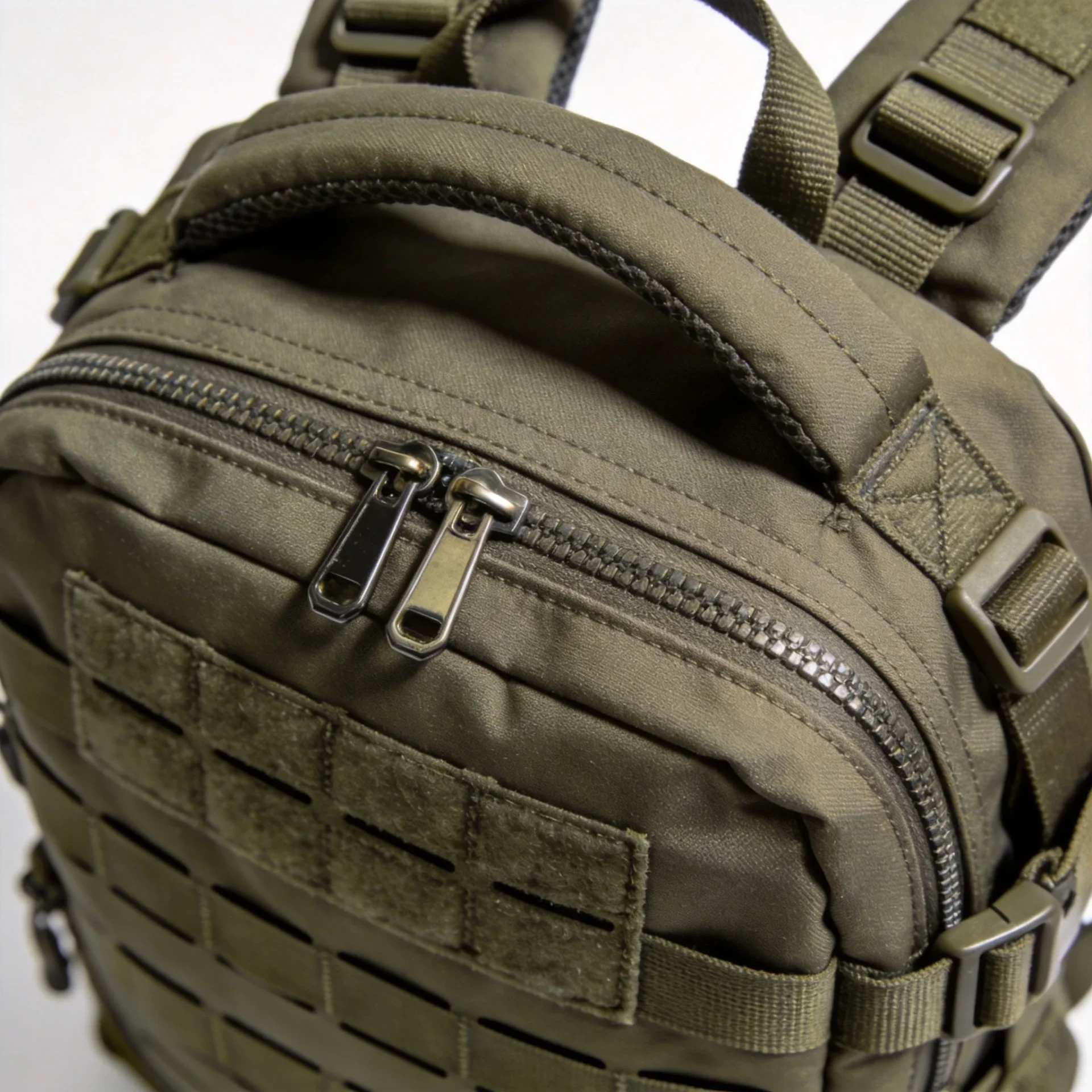 High-quality tactical backpack showing detailed stitching and YKK zippers