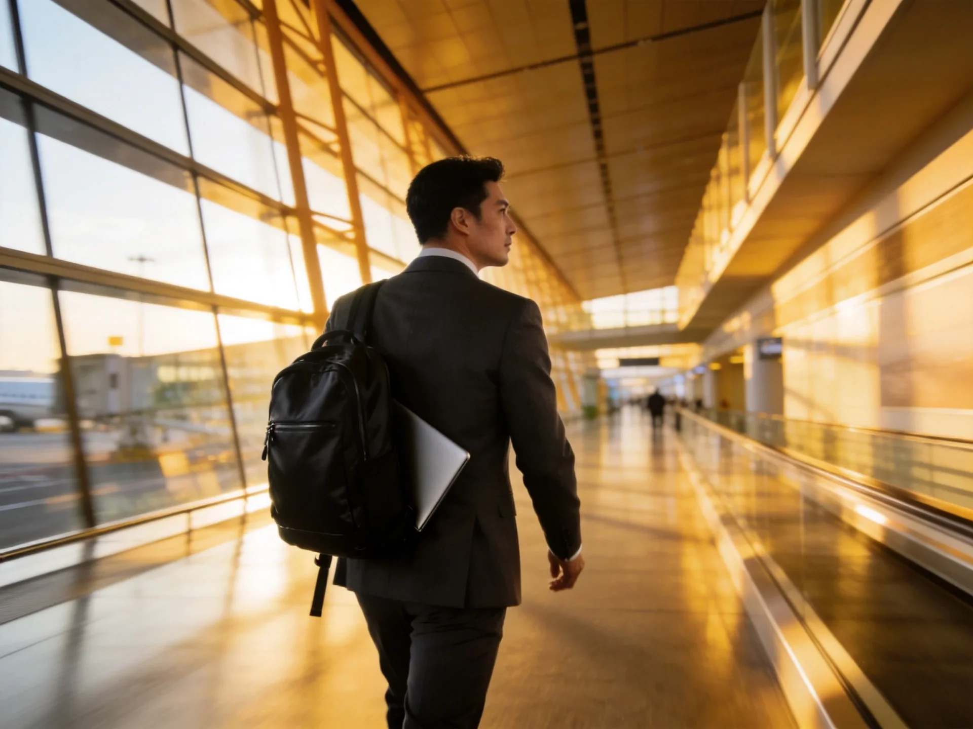 Professional business commuter with laptop backpack walking through airport