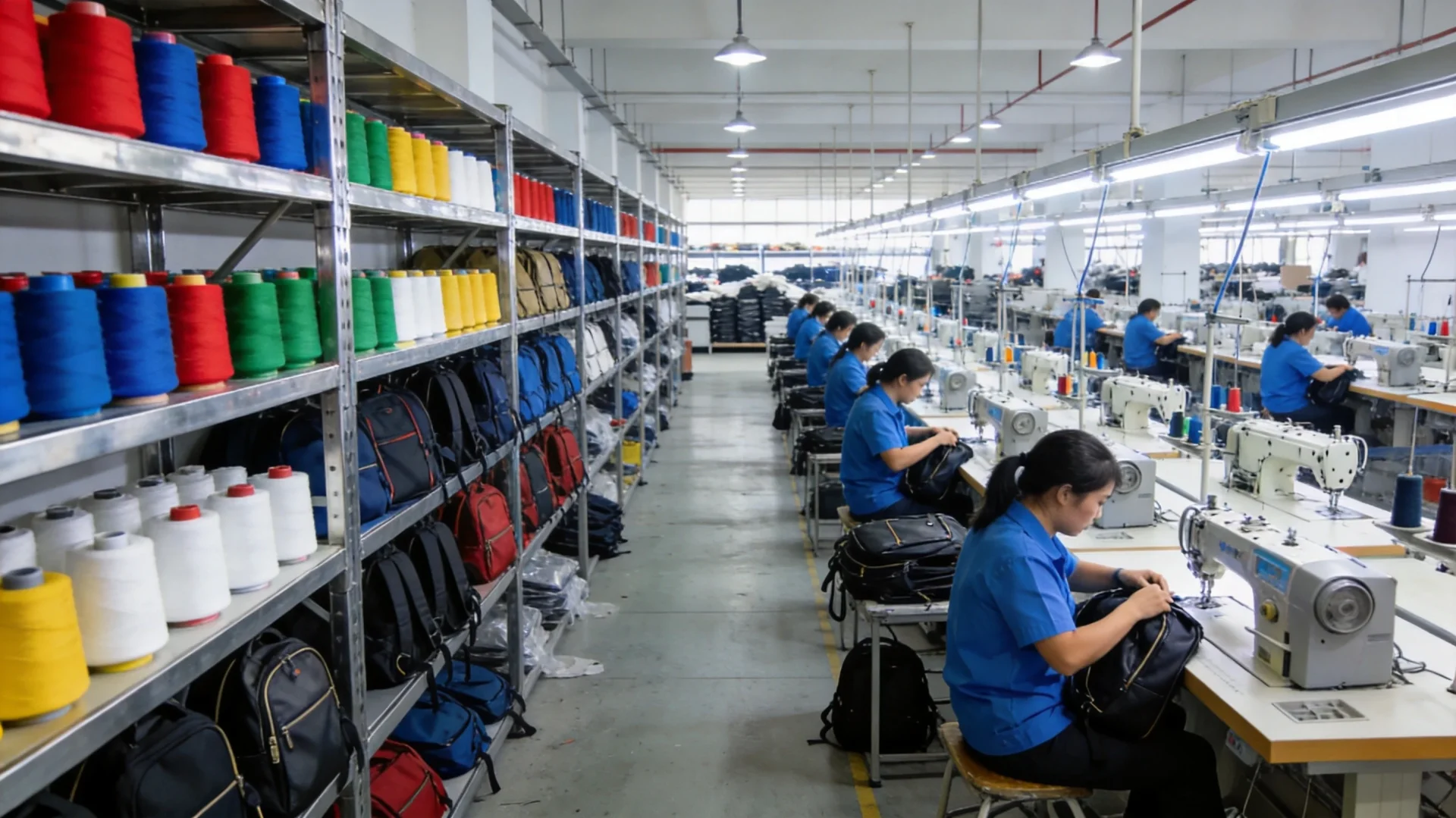 Modern bag manufacturing factory floor with industrial sewing machines and quality inspection stations
