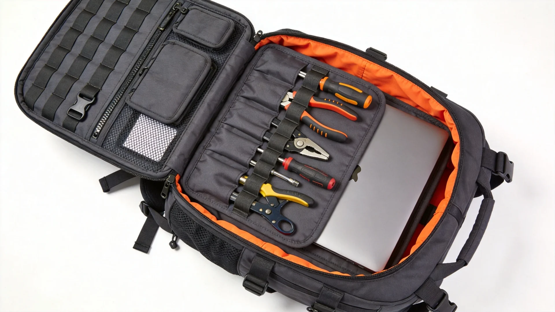 Open tool backpack showing custom interior organization with modular pockets and tool slots