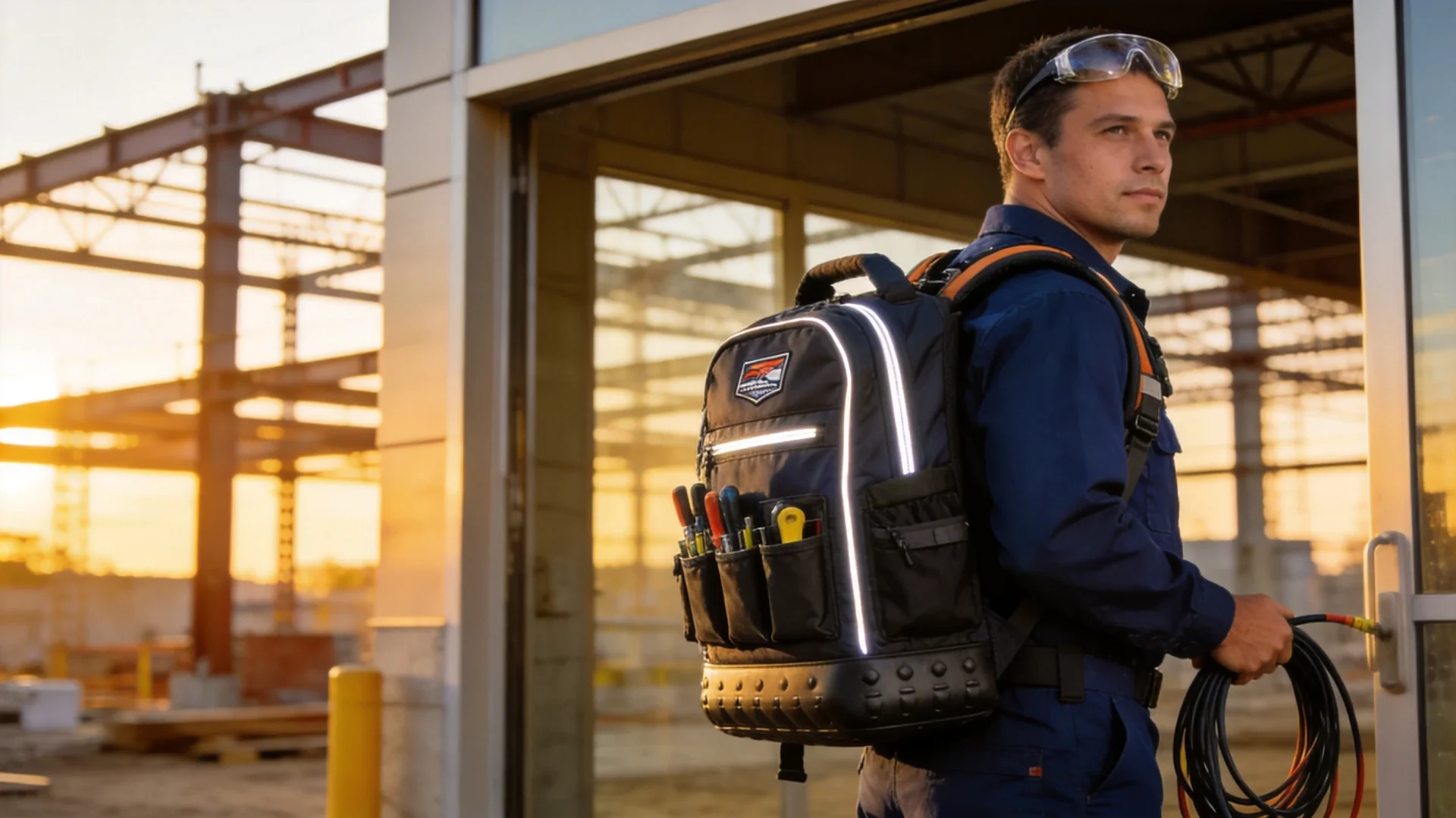 Professional electrician wearing a heavy-duty tool backpack at a commercial jobsite