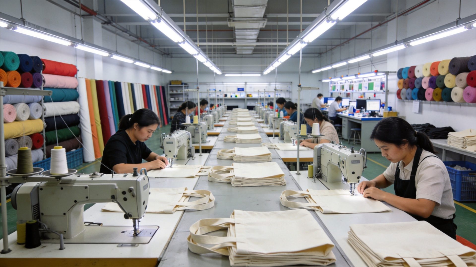 Canvas tote bag production showing material quality control and craftsmanship in a Chinese OEM factory