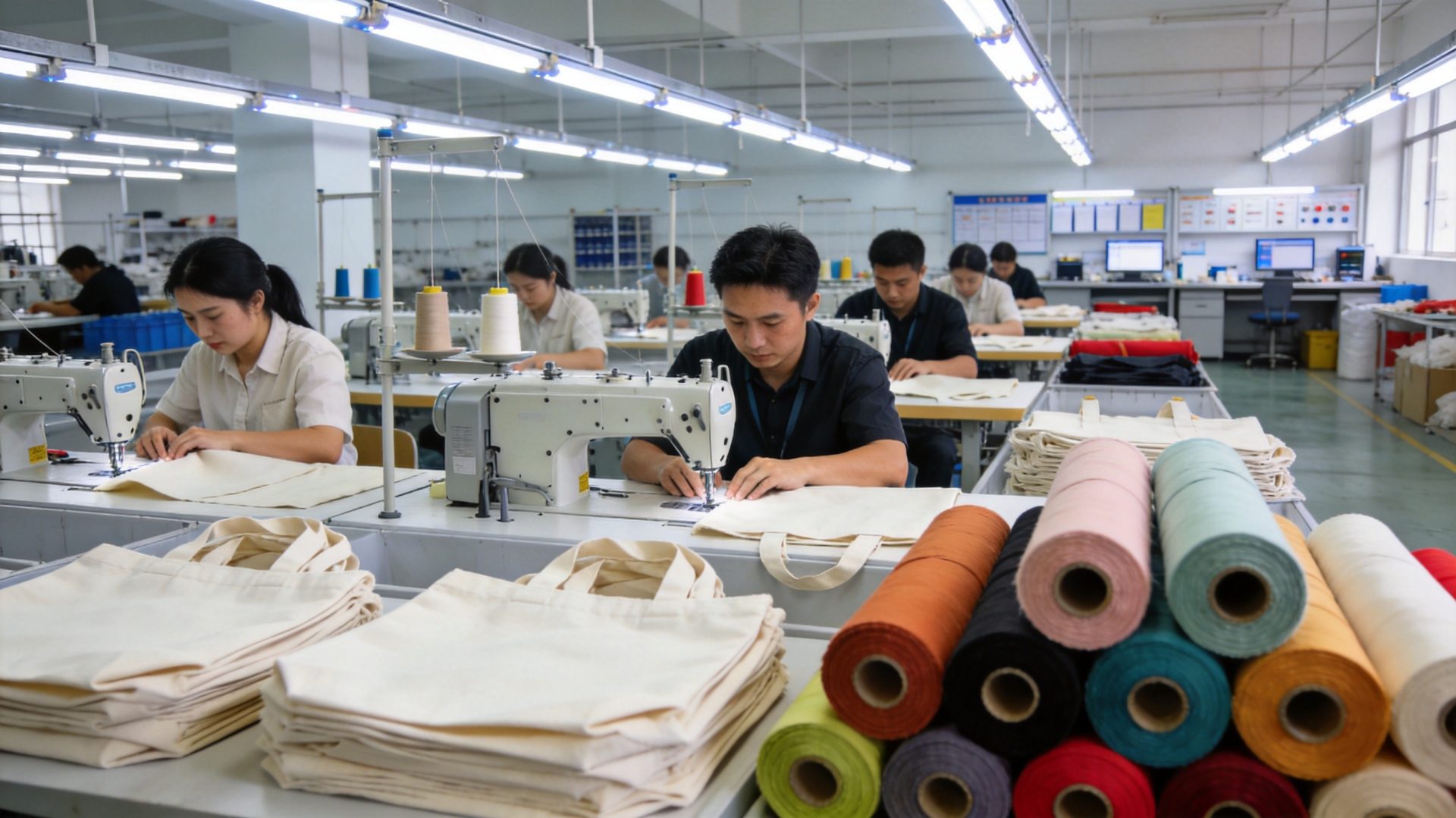 Professional tote bag factory production line in China with workers sewing canvas tote bags on industrial machines
