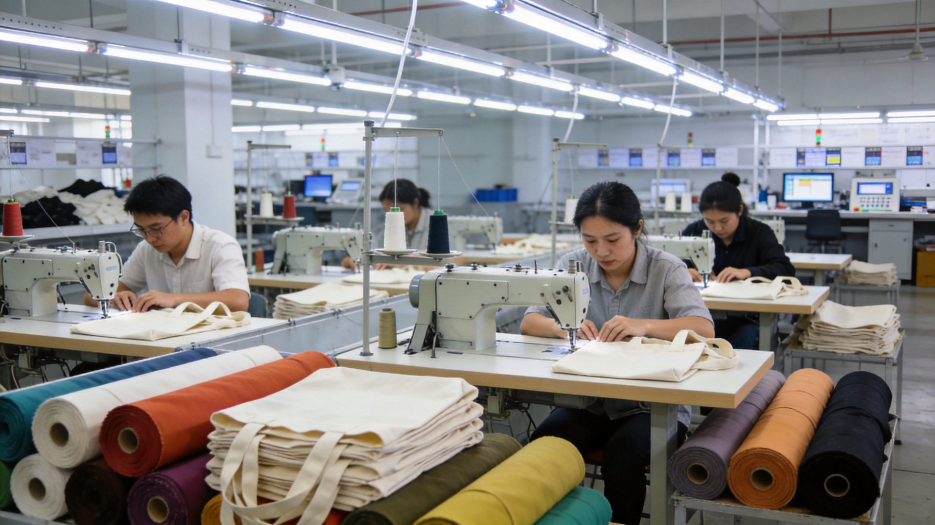 Tote bag manufacturing facility showing skilled workers assembling premium canvas tote bags with quality materials