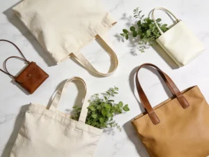 Elegant canvas and leather tote bags flat lay product photography
