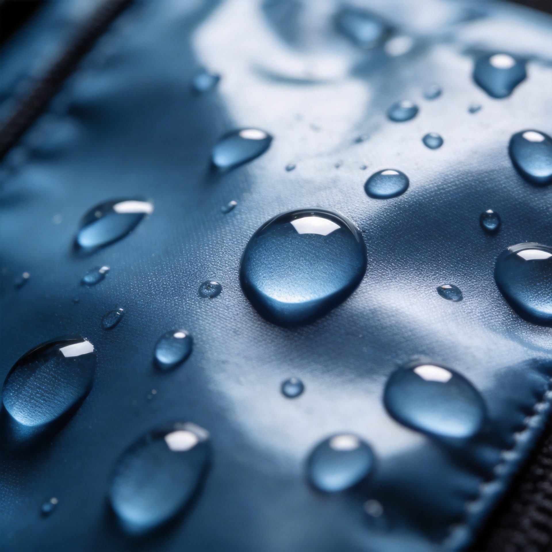 Macro close-up of TPU coated waterproof fabric showing water droplets beading on hydrophobic surface