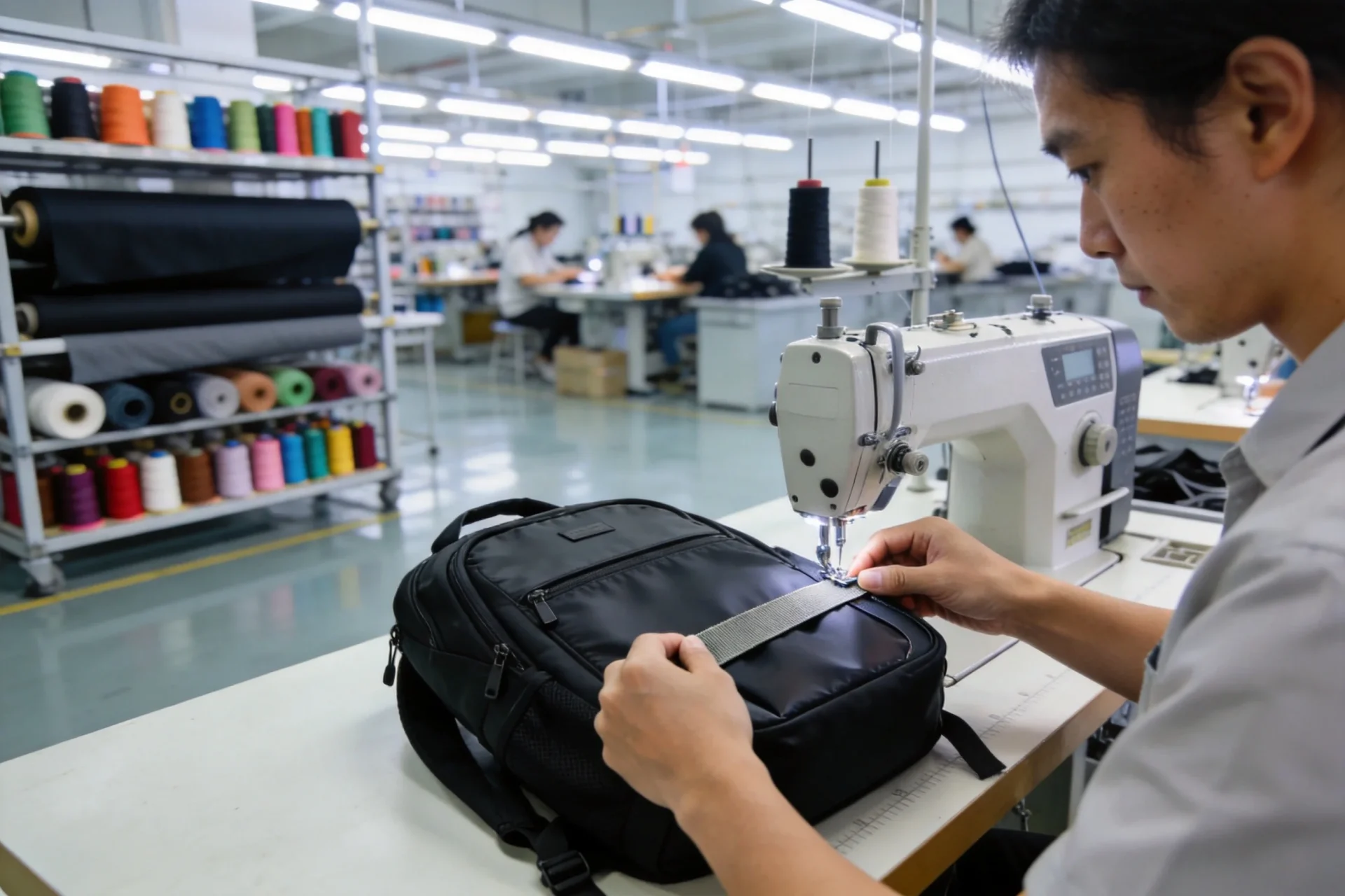 Factory sewing machine operator attaching elastic trolley sleeve band to travel backpack in modern bag manufacturing facility
