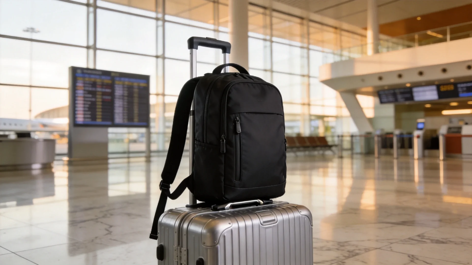 Business travel backpack with trolley sleeve mounted on rolling suitcase handle at airport terminal