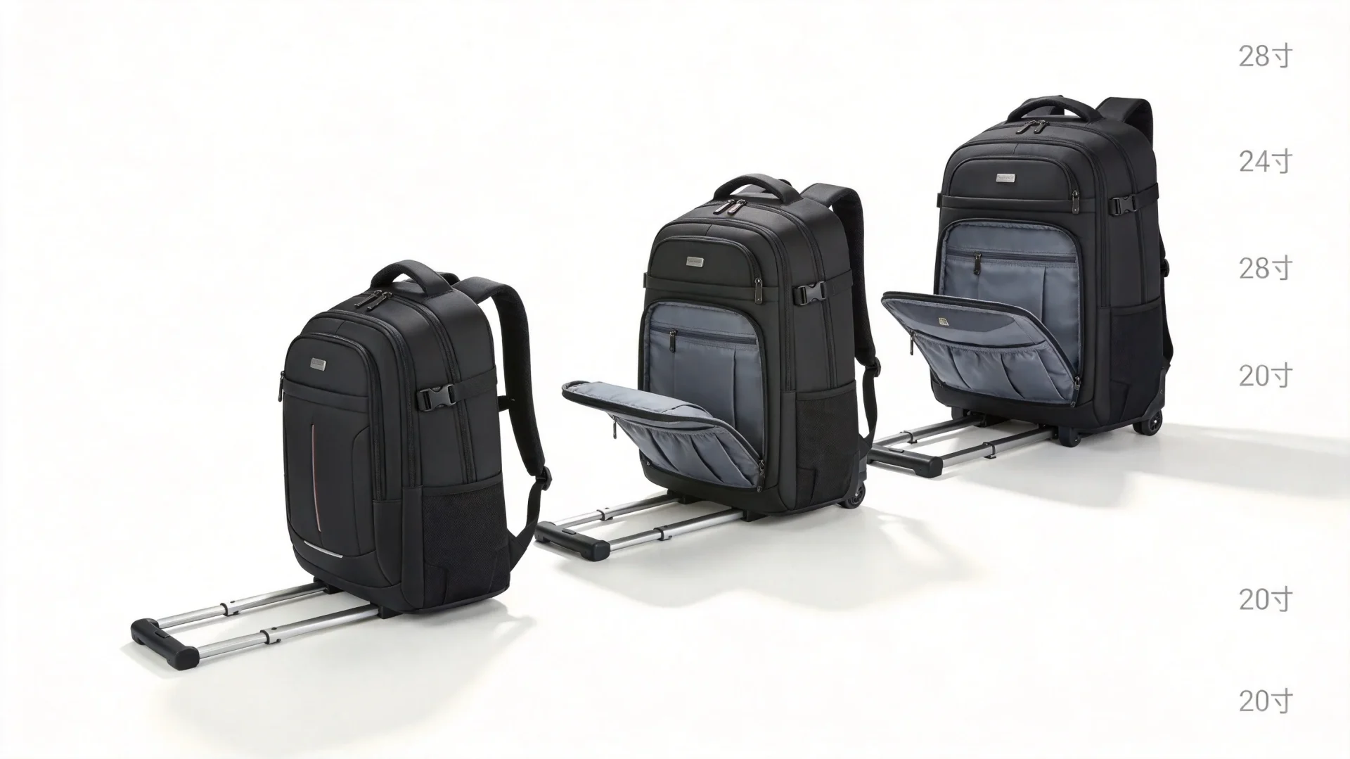 Three backpacks of different sizes showing varying trolley sleeve widths for 20-inch 24-inch and 28-inch luggage compatibility