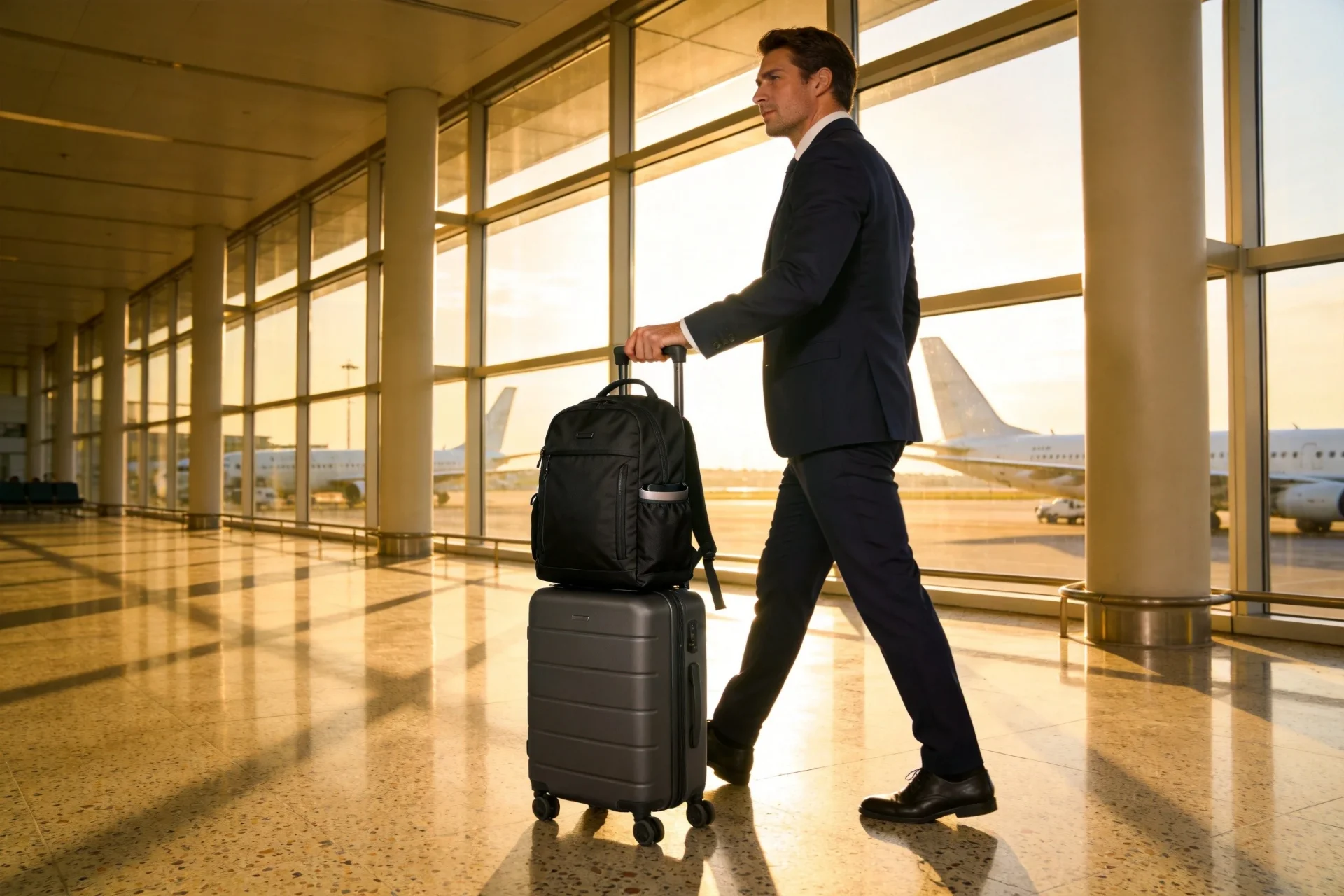 Business traveler in navy suit walking through airport with black backpack mounted on rolling suitcase via trolley sleeve