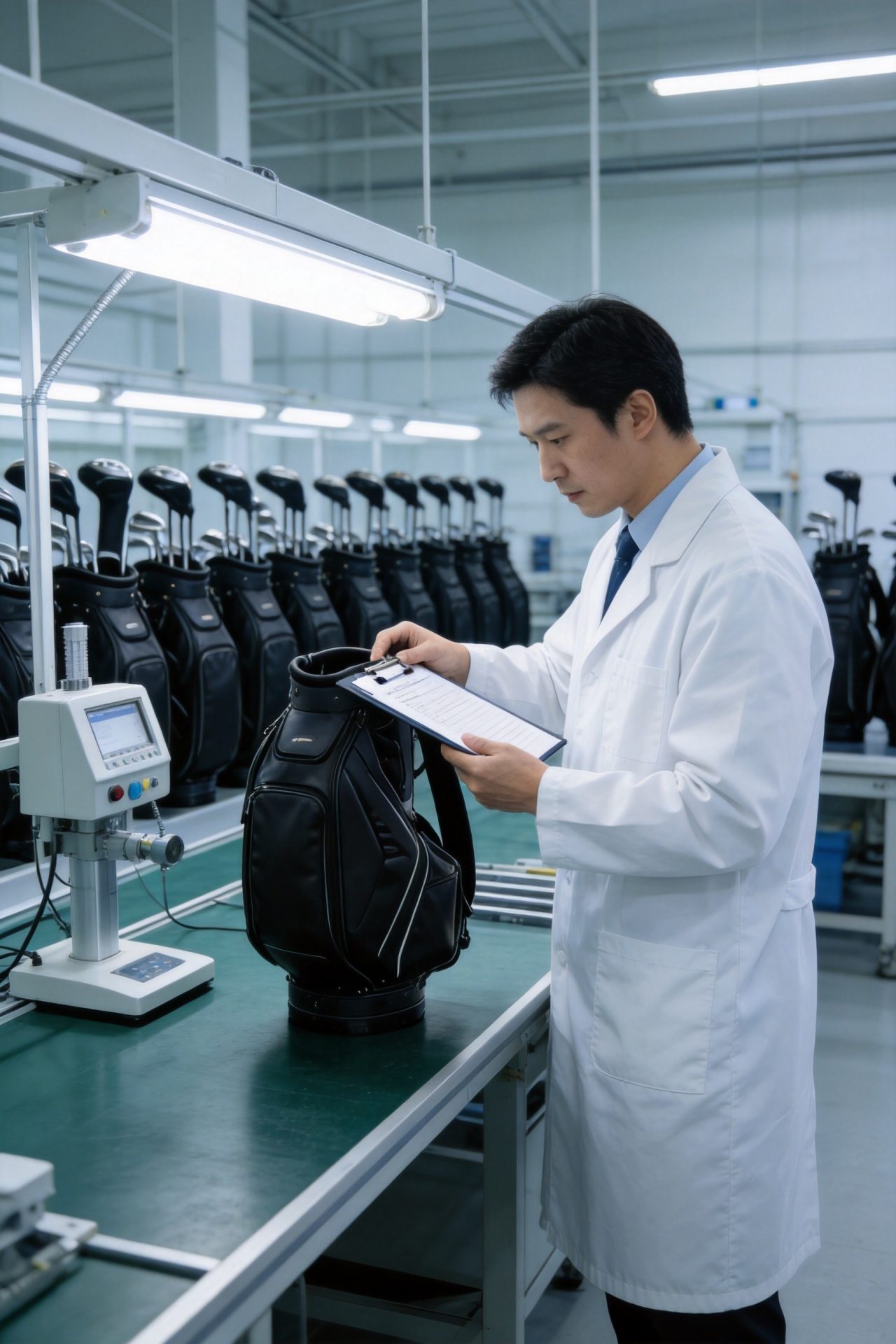 Quality control inspection of finished golf bags in modern factory