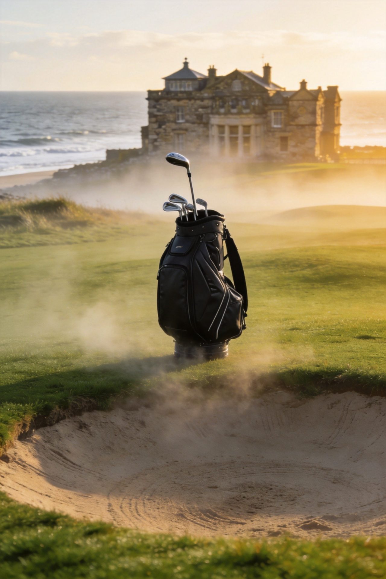 Premium golf trolley bag on Scottish links course at dawn