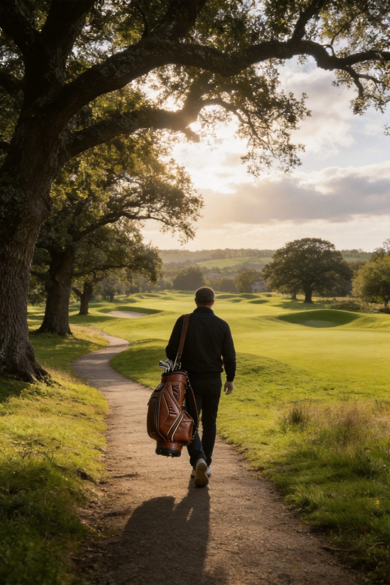 Golfer walking with premium leather stand bag on classic English course