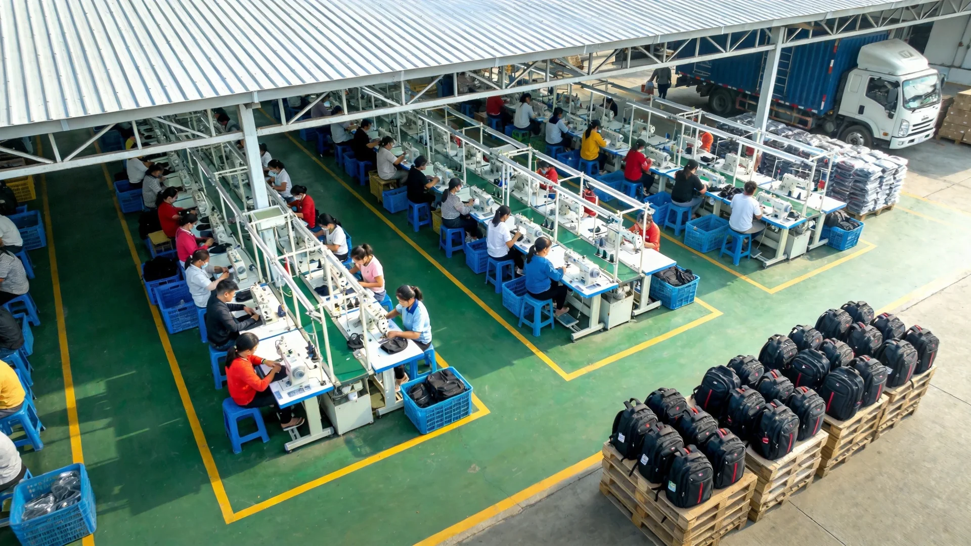 Vietnam backpack manufacturing factory overhead view showing production lines