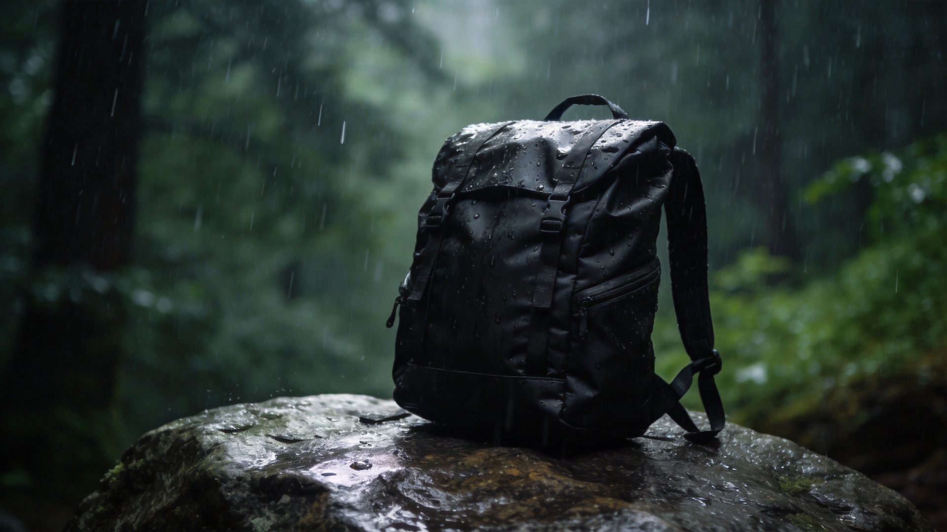 Waterproof backpack in rainy outdoor environment demonstrating IPX-rated water protection