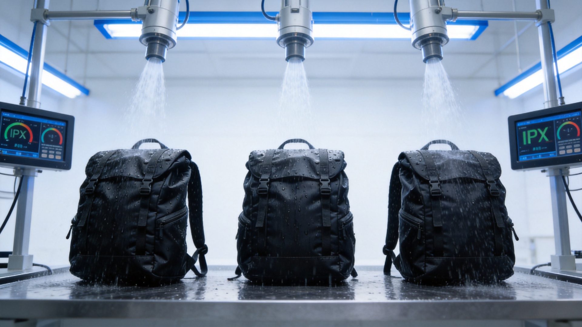 Quality control laboratory testing waterproof backpacks under standardized water spray nozzles