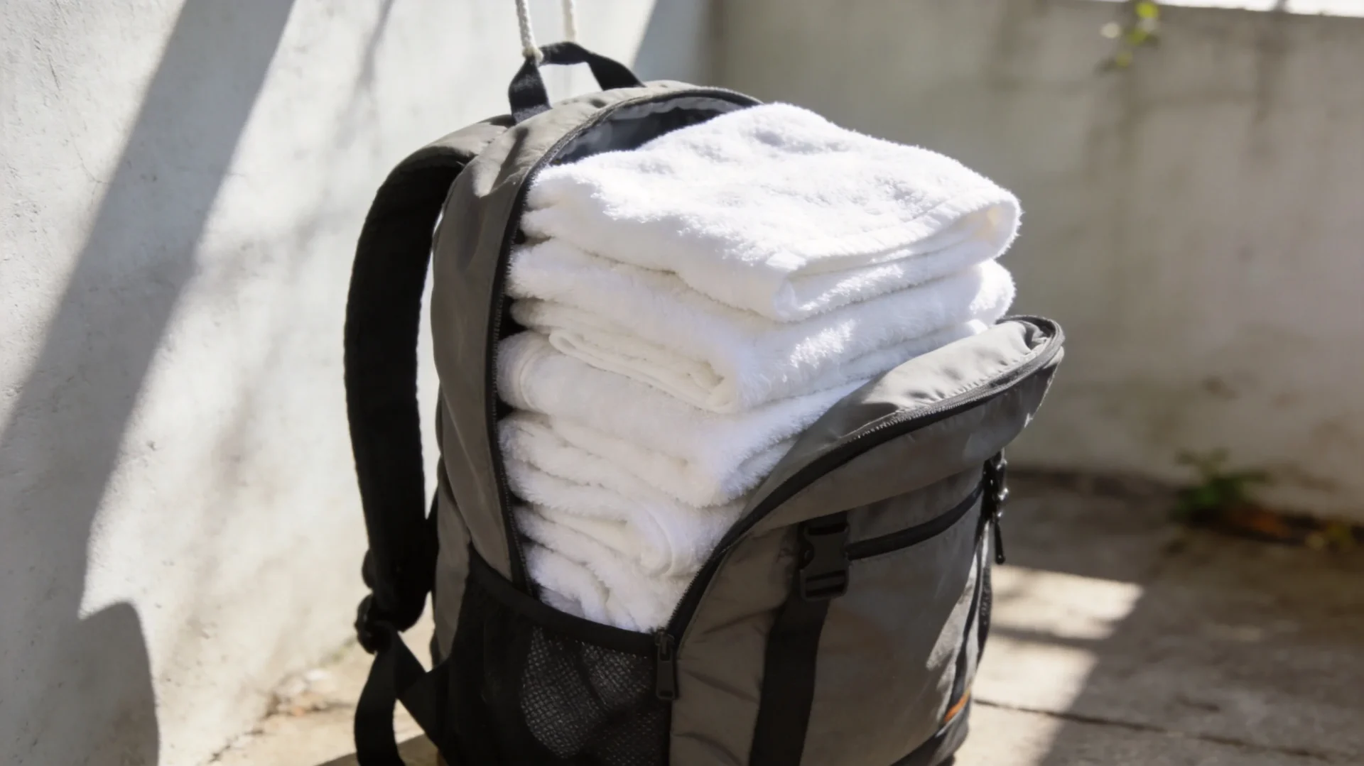 Air-drying a backpack stuffed with towels to hold shape