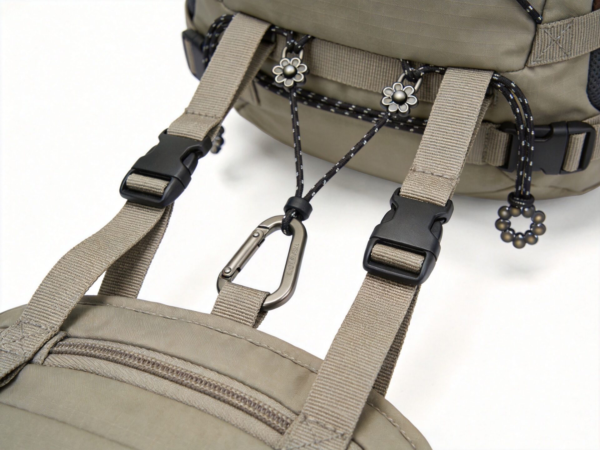 Bottom compression straps and ice axe loops on hiking backpack