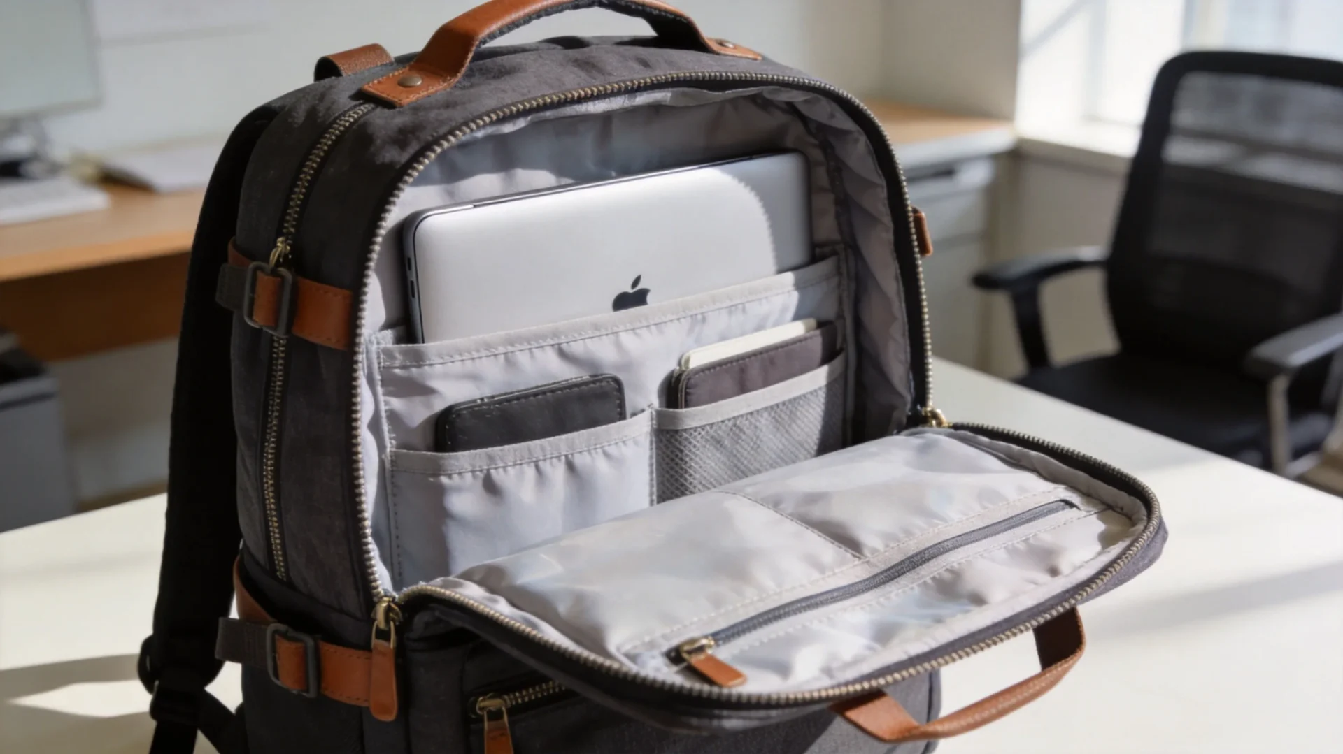 Commuter backpack with a laptop sleeve and organizer